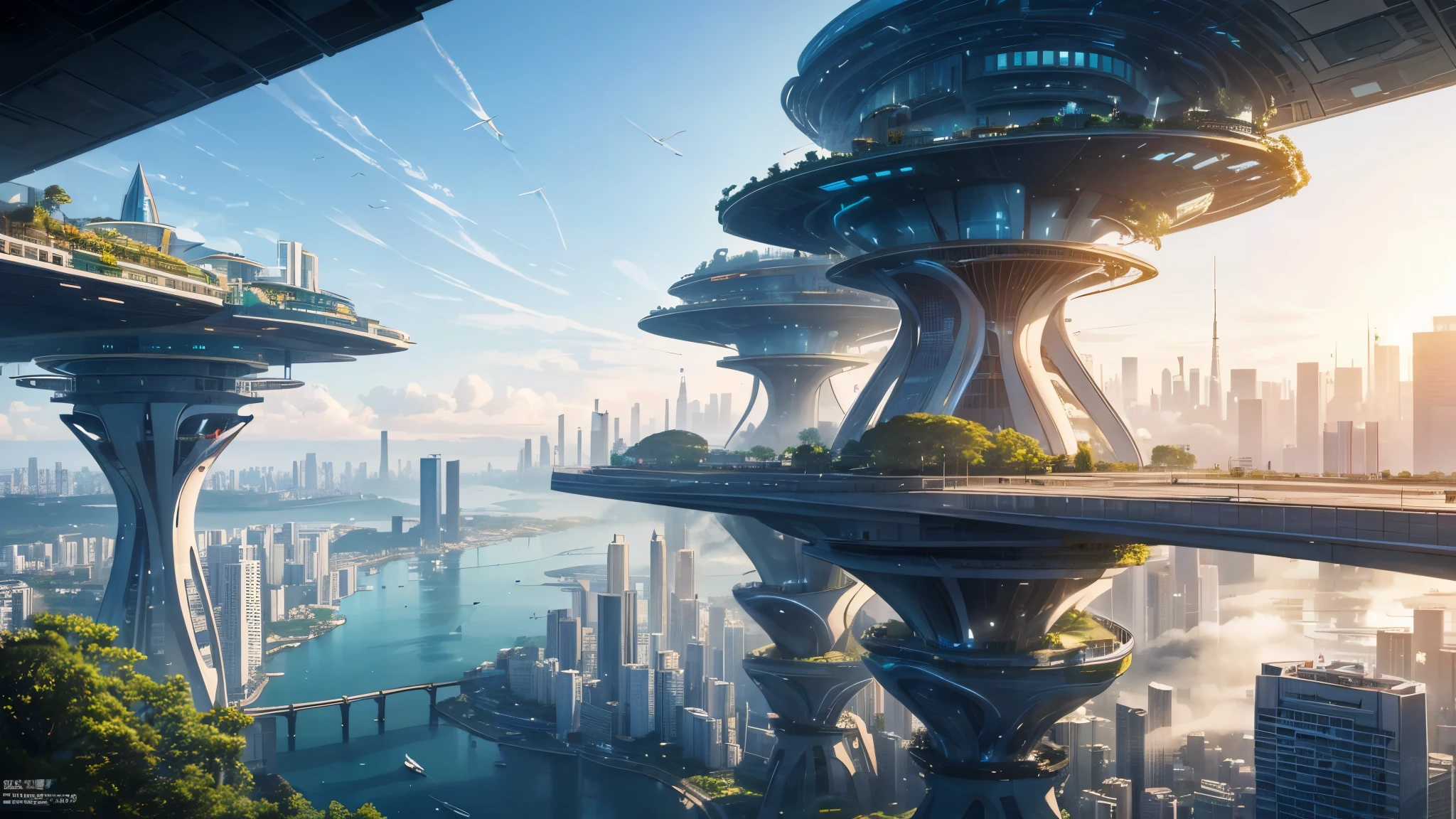 (Best quality,4K,8K,A high resolution,Masterpiece:1.2),Ultra-detailed,(Realistic,Photorealistic,photo-realistic:1.37),Futuristic floating city,Futuristic technology,Huge urban high-tech tablet platform,Airship,Floating in the sky,Futuristic city,Small airships around,High-tech hemispherical platform,Colorful lights,Advanced architecture,modernn architecture,skyscrapper,Access the cloud,Scenic beauty,view over city,Impressive design,Blend seamlessly with nature,energetic and vibrant atmosphere,Futuristic transportation system,Parking is suspended,Transparent path,Lush greenery,Sky gardens,cascading waterfalls,Magnificent skyline,reflections on the water,Sparkling river,Architectural innovation,futuristic skyscrapers,Transparent dome,The shape of the building is unusual,Elevated walkway,Impressive skyline,Glowing lights,Futuristic technology,Minimalist design,Scenic spots,Panoramic view,Cloud Piercing Tower,Vibrant colors,epic sunrise,epic sunset,Dazzling light display,magical ambiance,The future city,Urban Utopia,LuxuryLifestyle,Innovative energy,sustainable development,Smart city technology,Advanced infrastructure,Tranquil atmosphere,Nature and technology live in harmony,Awesome cityscape,Unprecedented urban planning,Architecture connects seamlessly with nature,High-tech metropolis,A cutting-edge engineering marvel,The future of urban living,Visionary architectural concept,Energy-efficient buildings,Harmony with the environment,A city floating above the clouds,Utopian dreams become reality,The possibilities are endless,State-of-the-art transportation network,Green energy integration,Innovative materials,Impressive holographic display,Advanced communication system,Breathtaking aerial view,Quiet and peaceful environment,Modernist aesthetics,Ethereal beauty
