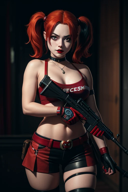 A beautiful young girl with red hair, dressed as Harley Quinn, holding a gun in her hand.lots of details,hyperdetalization,stylization,8k,4k