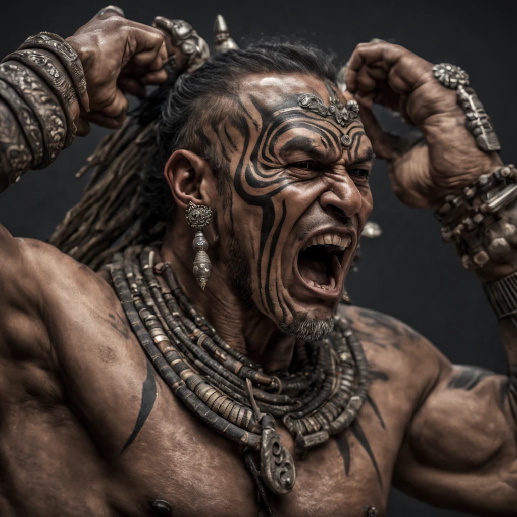 Roaring Arm Eradicator Ghassan in macro realism tribal art style