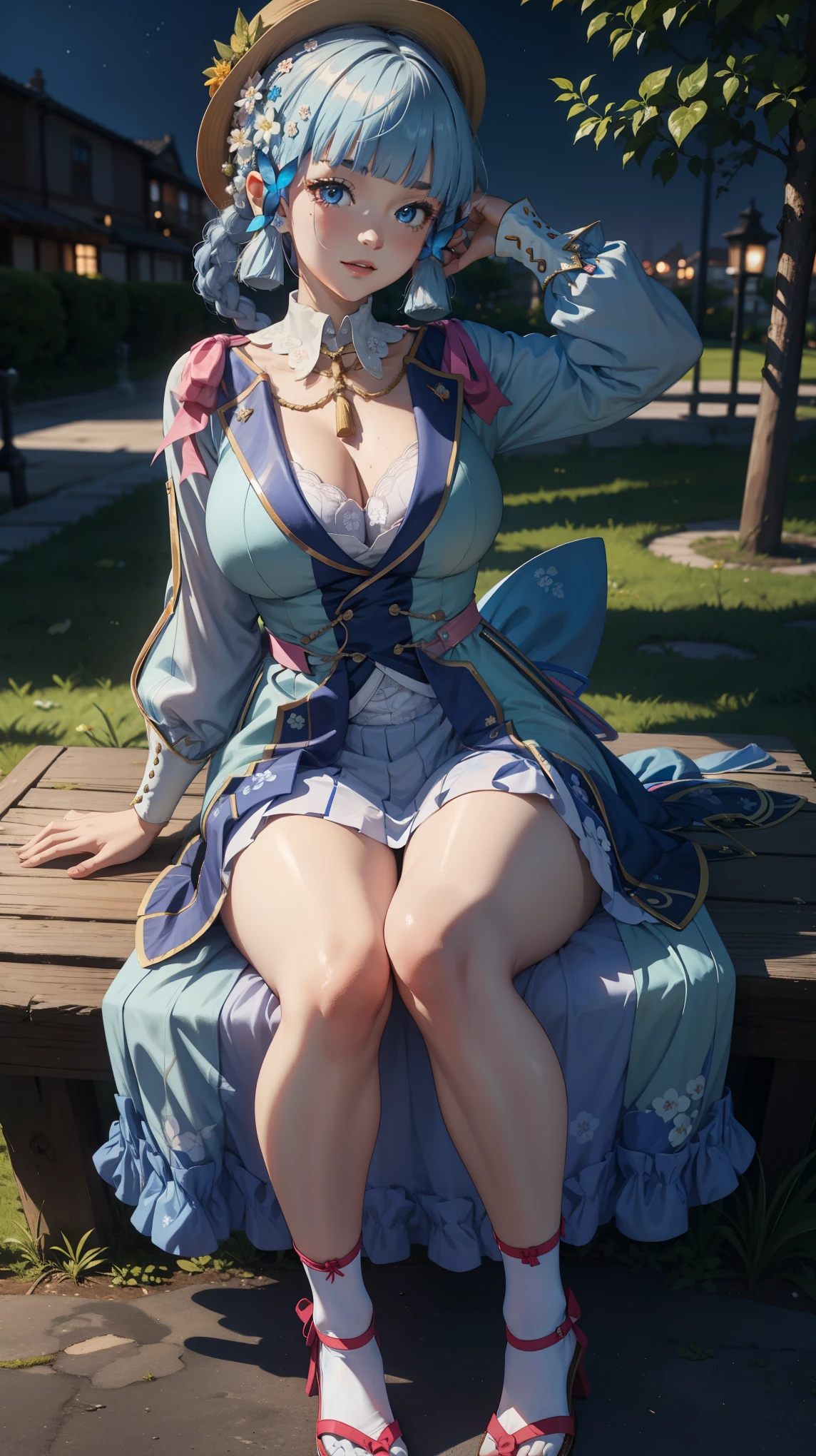 Masterpiece, high quality, 8k, ultra detail, 1 girl, huge breast, ((sitting, park)), (night), outdoors, (dynamic poses), ((kamisatoayakaspring))