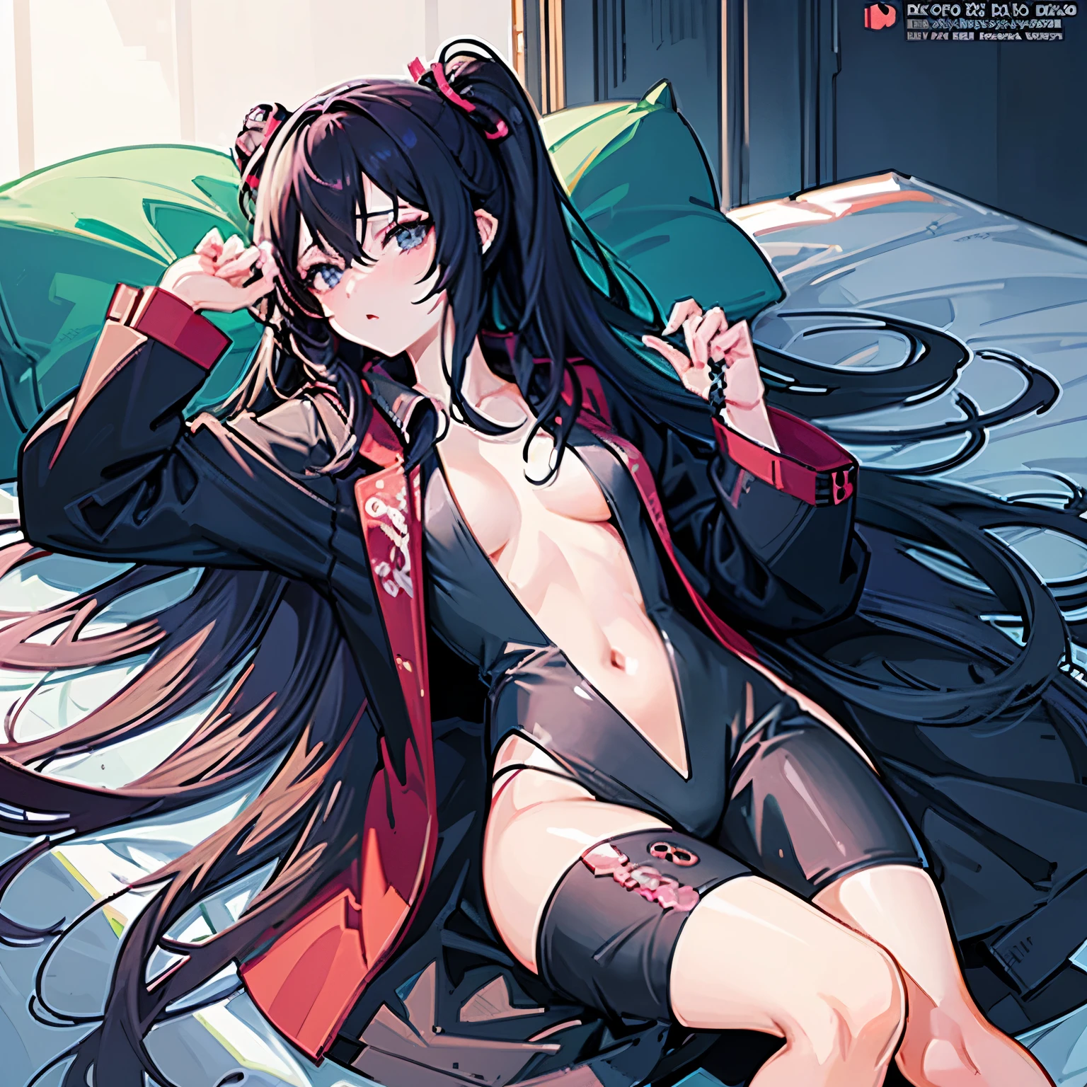 Lying on bed in black underwear、Anime girl with open shirt, seductive anime girls, big curve , Beautiful anime girl lying down, Hands touch thighs, Best Anime 4K Konachan Wallpapers, [ 4k digital art ]!!, guweiz on pixiv artstation, Anime cute art style, Sexual innuendo，perfect female figure，get rid of clothing posture