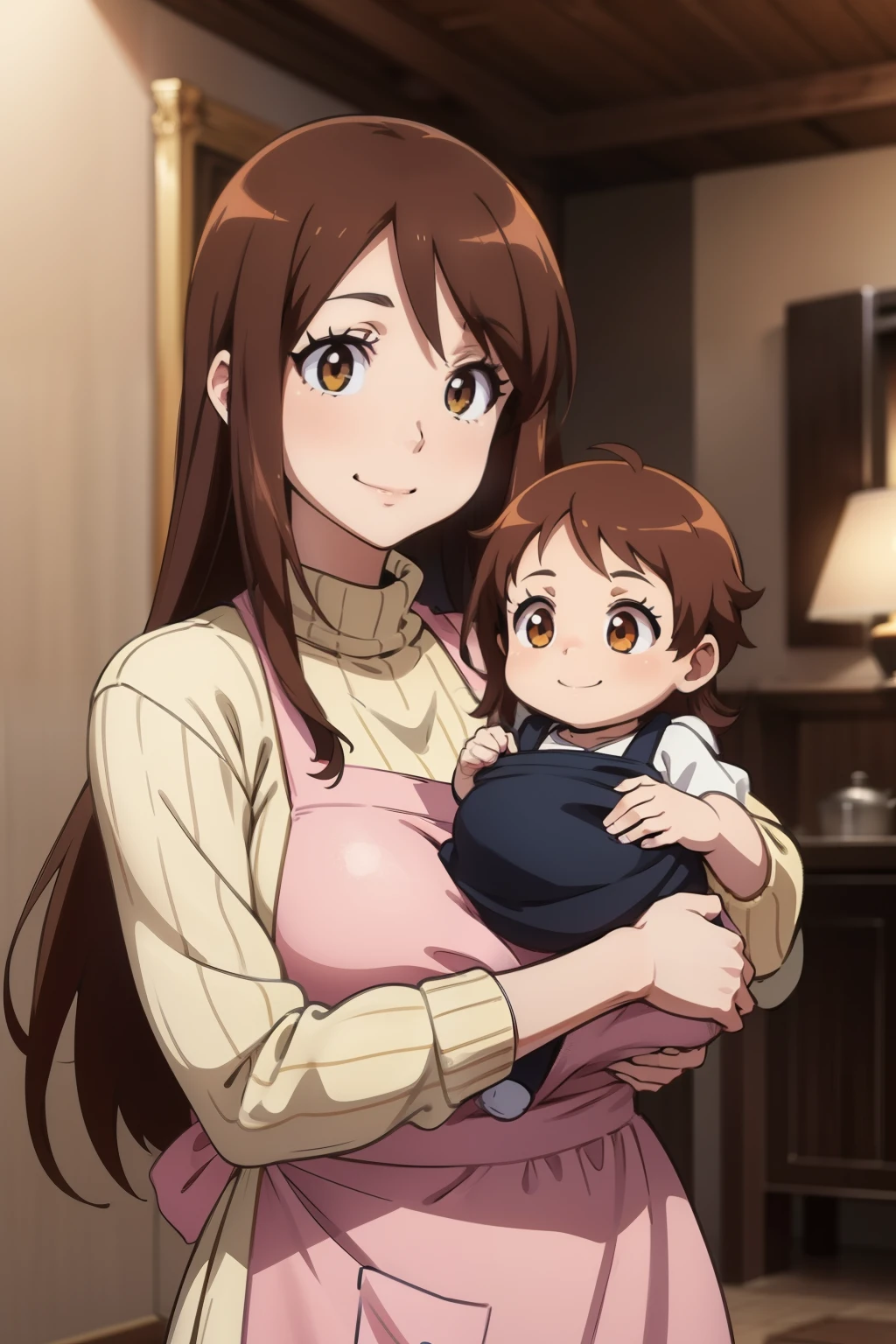 anime colored,iida nana rw,brown eyes, brown hair, long hair,sweater,apron,gigantic breasts,(Holding a :1.5),Smile,((house wife)),baby