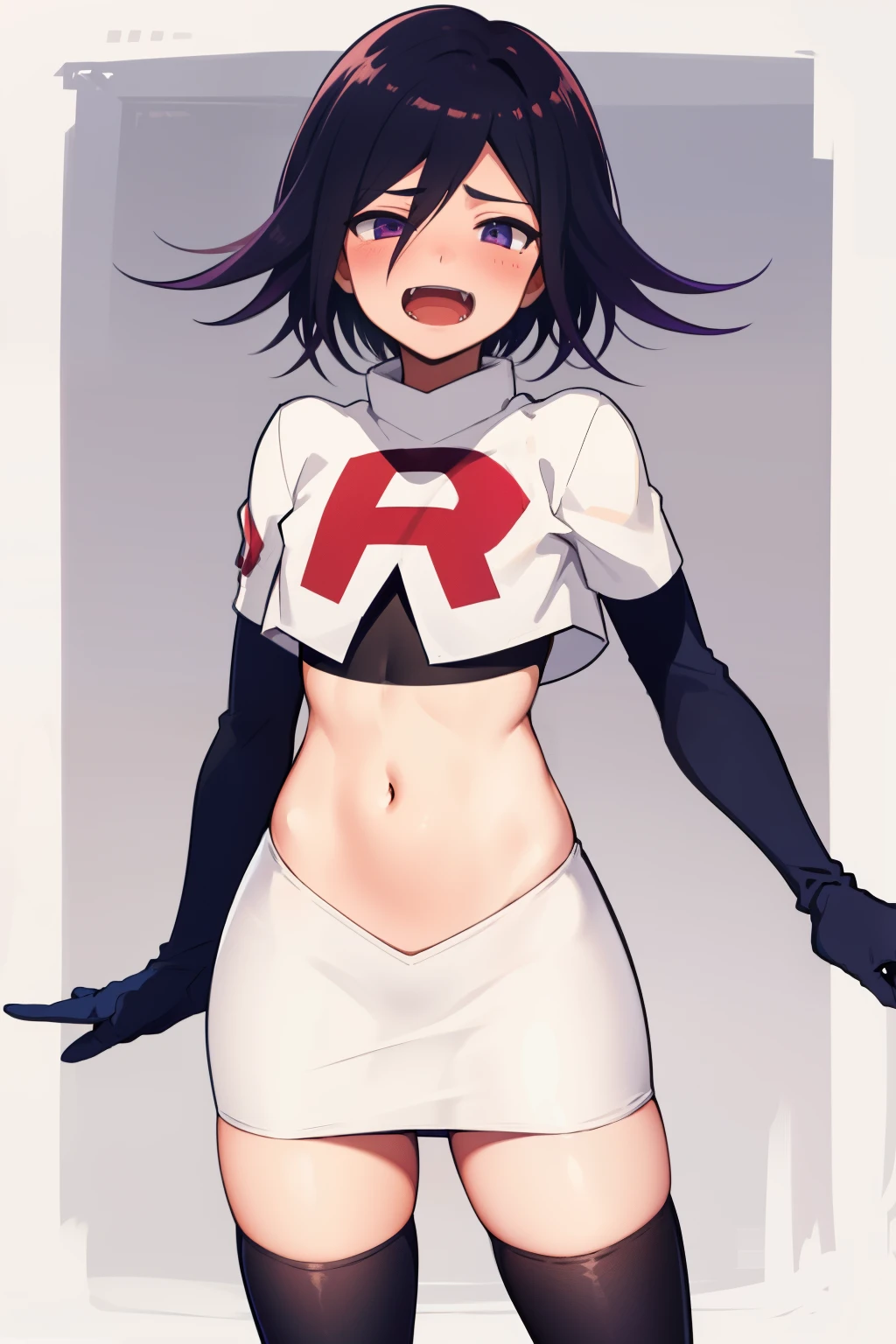 absurdres, cowboy shot, solo, male focus, trap, 1boy, crossdressing,1boy, oma kokichi, team rocket,team rocket uniform,white skirt,red letter R,crop top,black thigh-highs,black elbow gloves, evil laugh, blush