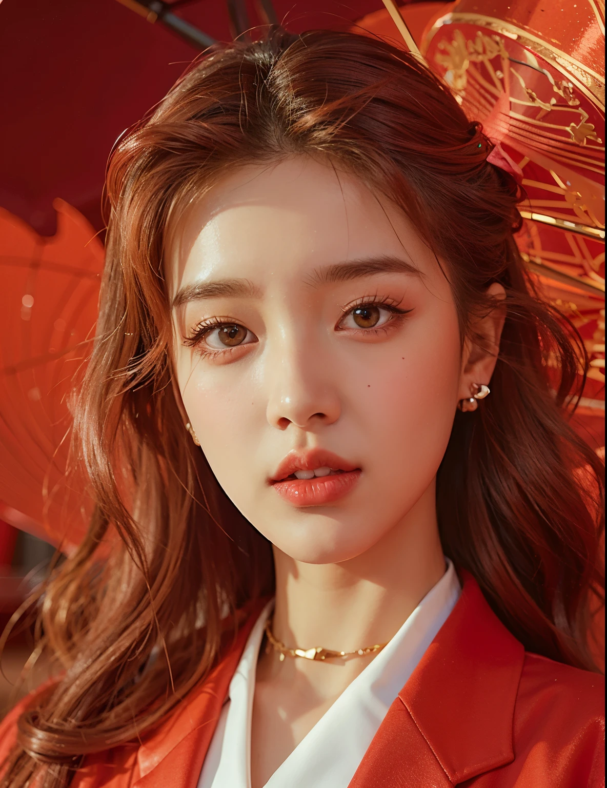 araffed image of a woman with a red jacket and a red umbrella, fanart, high quality portrait, portrait jisoo blackpink, portrait shot, korean artist, inspired by Lü Ji, beautiful digital artwork, [ 4 k digital art ]!!, inspired by Wu Bin, soft portrait shot 8 k, inspired by Yanjun Cheng, high detailed), close portrait, official artwork