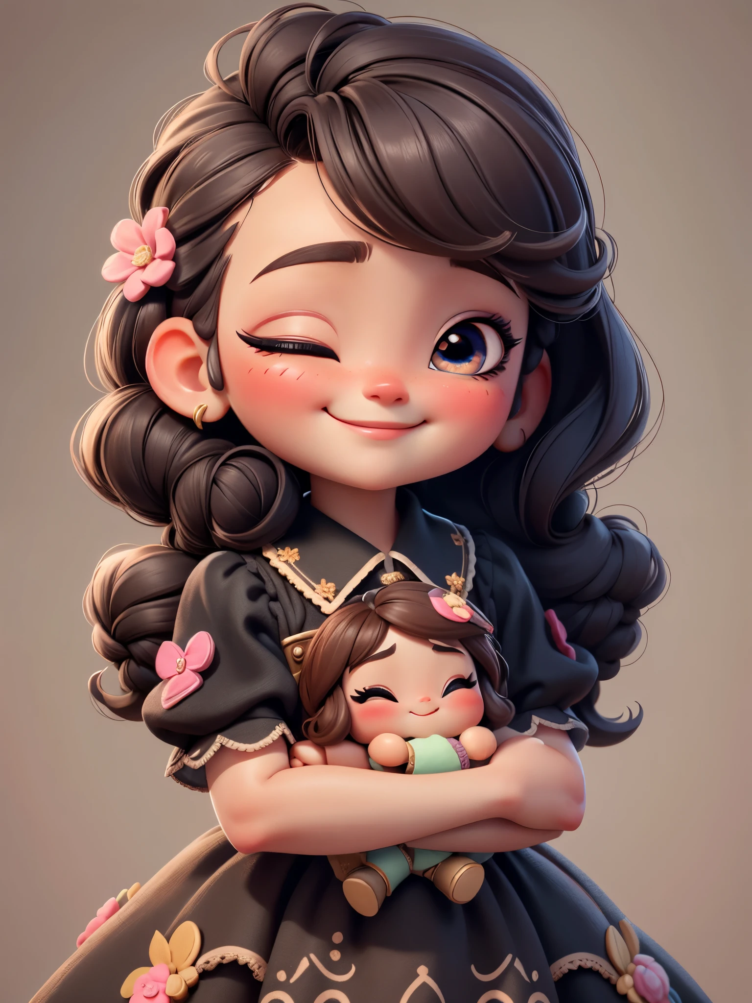 Portrait close-up，facial close-up，Create a collection of adorable chibi style dolls，Each with tons of detail and 8K resolution，one eye closed（Close one eye：1.2）， (masterpiece: 1.2)， (best quality)，Close-up eyes，Solid background pattern, chestnut hair，Front ponytail，long eyelashes and rosy cheeks，Delicate long dress，(happy)，Happy，happy， (exquisite eyes) (sharp focus), black hair，one eye closed, french braid，French braids，Colorful details and charming decor,  clothing,Happy，happy，(intricate details) ，(8k)， (exquisite eyes) (sharp focus), 