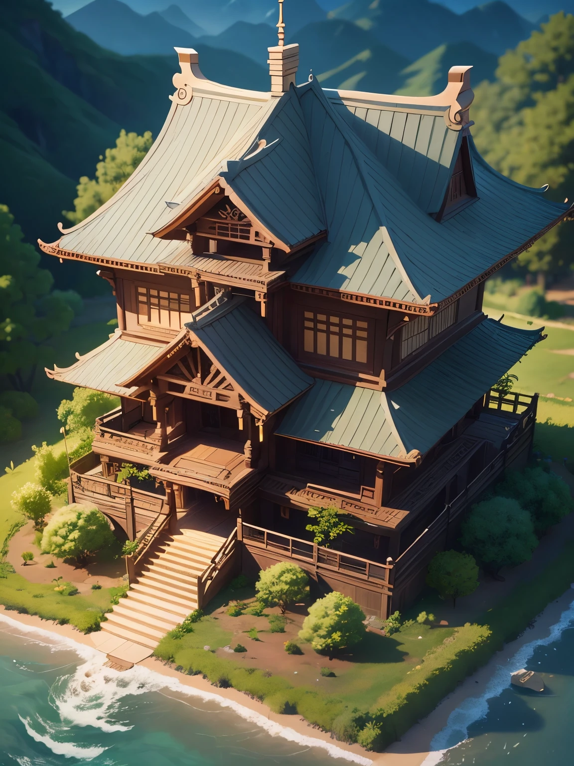 ((masterpiece、very detailed、CG Unity 8k、best quality、very detailed：1.2))、(Top quality: 1.2)、 The exterior of the house、asian style house、(best illustrations)、 (beautiful lighting)、Isometric 3D、octane rendering、ray tracing、Super detailed、Cartoon、Cartoon design style、Beautifully detailed digital art, sweet earth style building、movie、Super detailedなレンダリング、fantastic world buildings 、 2D game isometric camera view