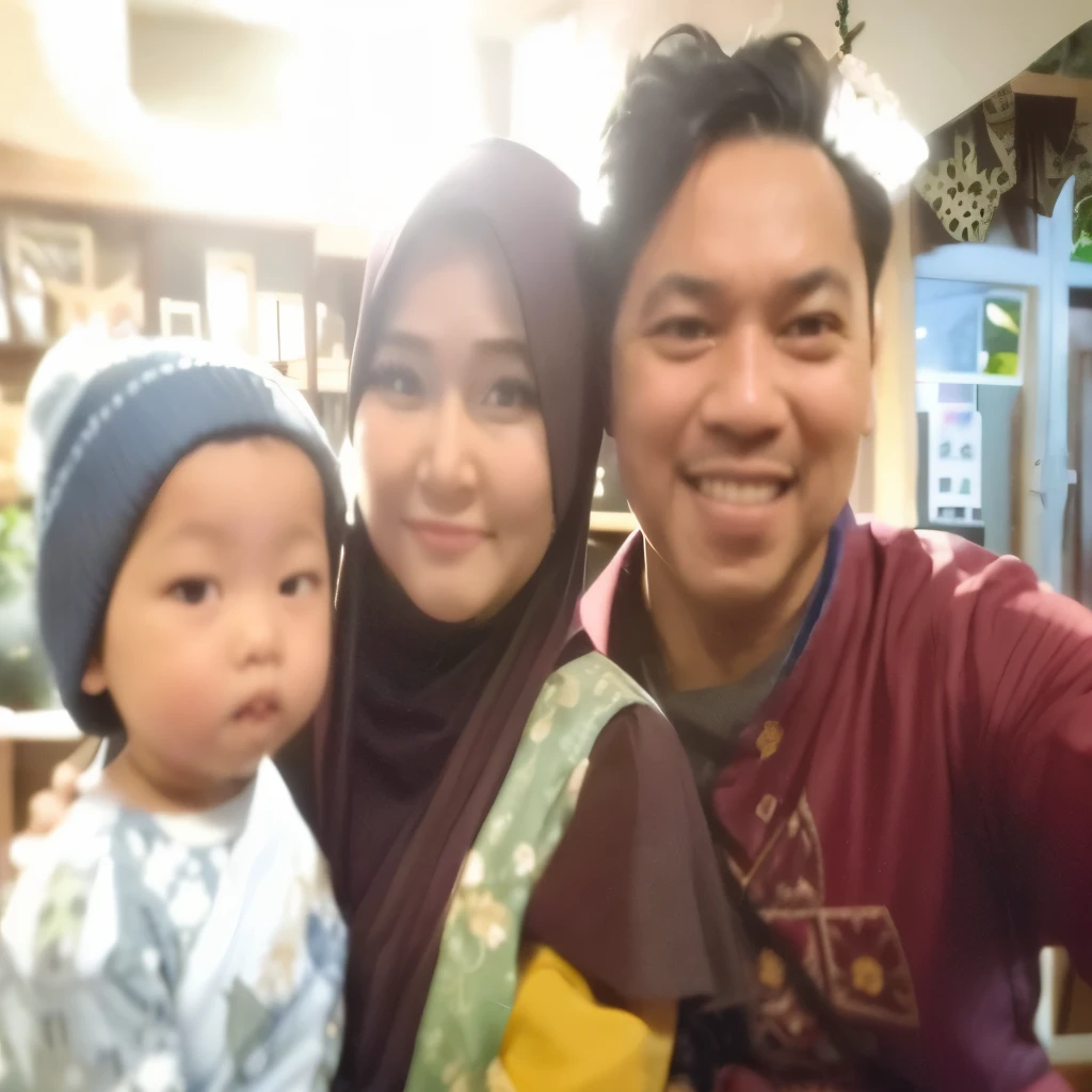 there are two people that are posing for a picture with a baby, happy family, husband wife and son, at instagram, with a , an indonesian family portrait, old picture, profile photo, selfie photo, ismail, with ivy, not blurry, a picture, momma and papa, selfie, non blurry, 8k!!!!!, barong family, profile pic