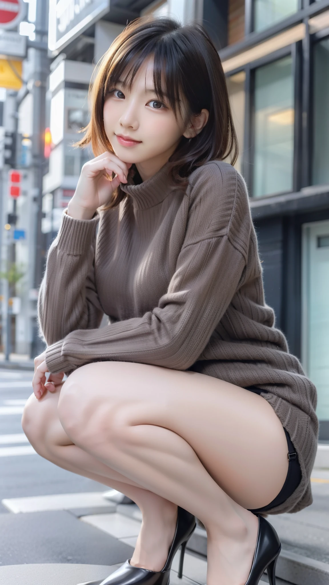 Photo taken by a professional photographer,Close-up of a woman squatting on the sidewalk with her legs crossed, kiko mizuhara, wearing a sweater, Shirahime cut brown hair, wearing a sweater, young and cute girl, japanese model, 白いwearing a sweater, Chiho, ランダムカラーのカジュアルなwearing a sweater,Cute ide waves with short hair, a cute young woman, cute young woman, black pantyhose,black tights,black high heels,