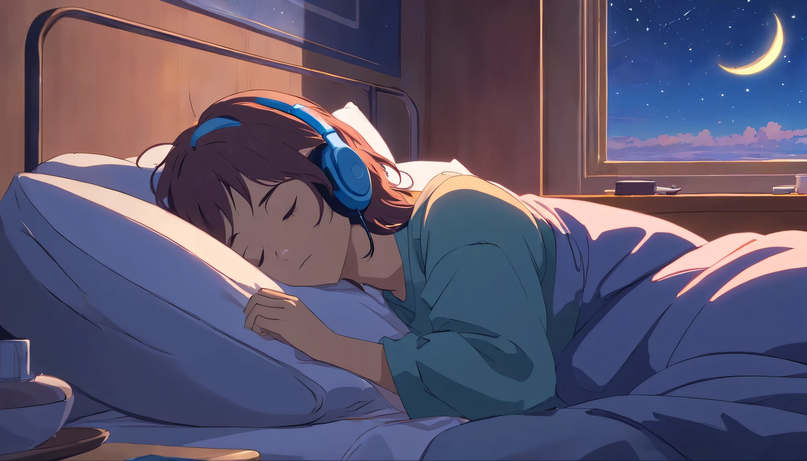(masterpiece) a girl (Miss) lying in bed sleeping, In her bed, wearing headphones, A window showing the moon and stars, calm, peaceful, thinking, normal, color grading, Nice color coding,