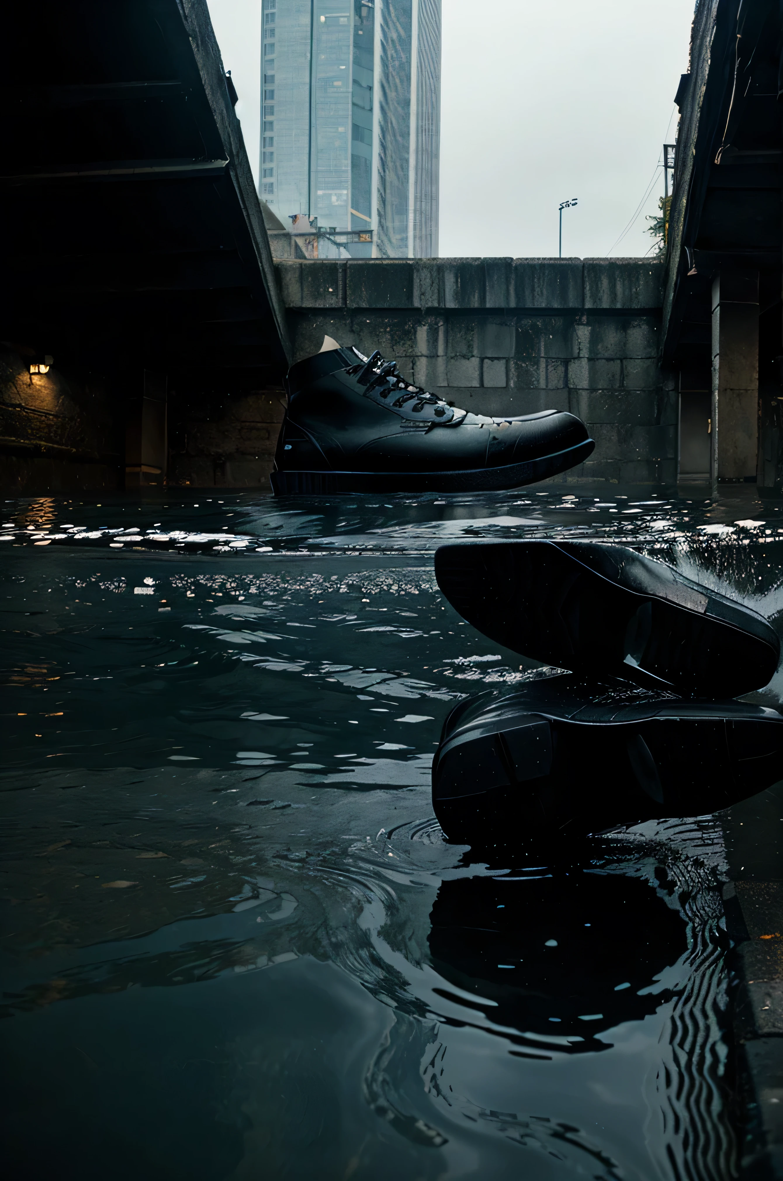 submerged, leather shoes, flood, water, black shoes, black leather, city flood, streets water, wet shoes, shoes under water, side view, quarter view