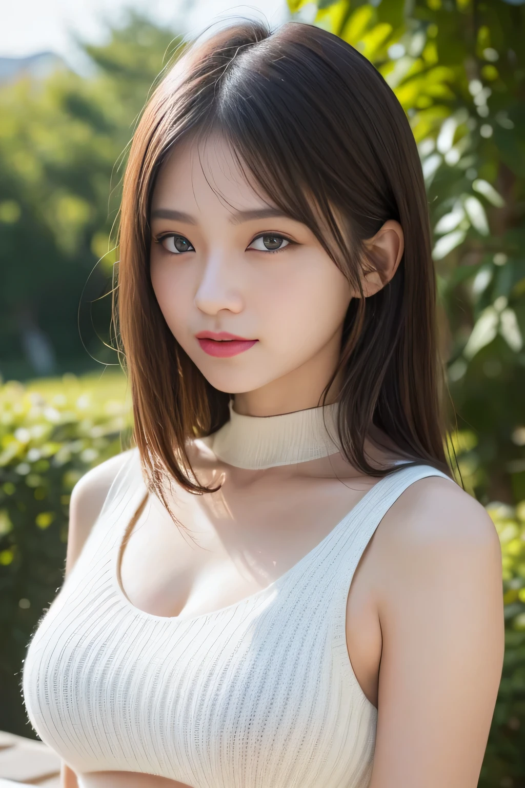 (((best image quality、highest quality、At 32K、ticker、RAW photo、very clear image、very clear image quality、realistic、High resolutionの生のカラー写真, professional photos,Super detailed, Highly detailed CG unity 32k wallpaper, photo-realistic, RAW photo, beautiful detailed face, full body shot)))、table top, highest quality, Photoreal, finely, High resolution, 8k wallpaper, perfect dynamic composition, beautiful and detailed eyes, medium hair, big and full breasts, random sexy pose,chest to chest、(Open Chest Mock Neck Crop Tank Top White Knitwear Clear Clave)、(Breast bulge 1.2)、laughter、open your mouth、resort scenery、25 years old、(droopy eyes 1.4)、Adult beauty、Japanese