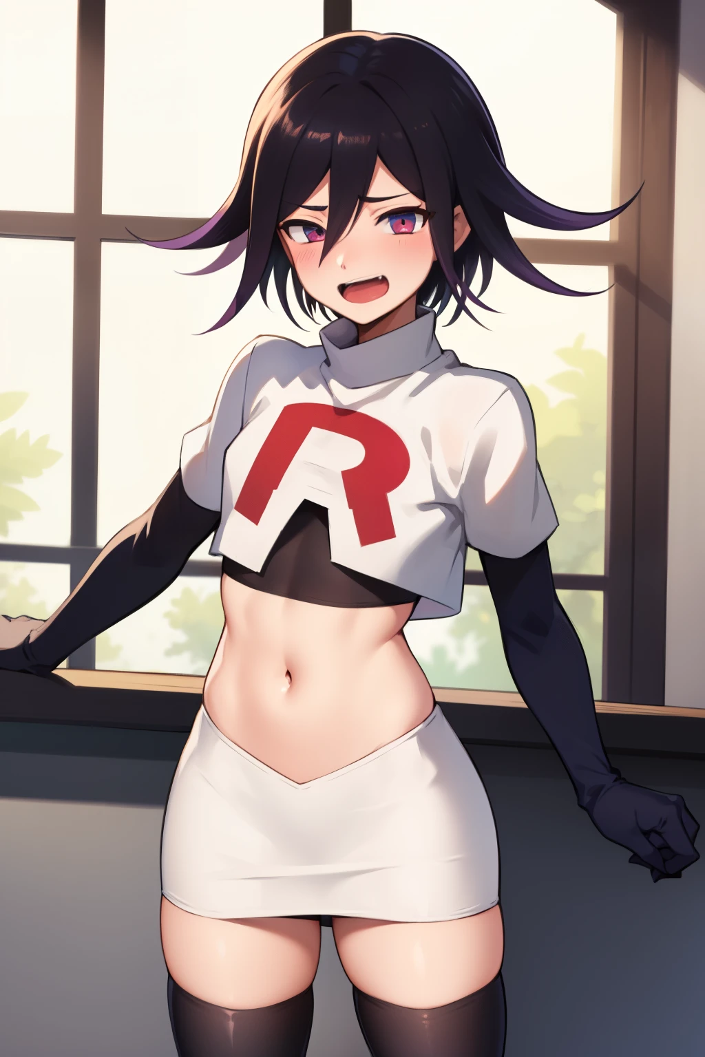 absurdres, cowboy shot, solo, male focus, trap, 1boy, crossdressing,1boy, oma kokichi, team rocket,team rocket uniform,white skirt,red letter R,crop top,black thigh-highs,black elbow gloves, evil laugh, blush