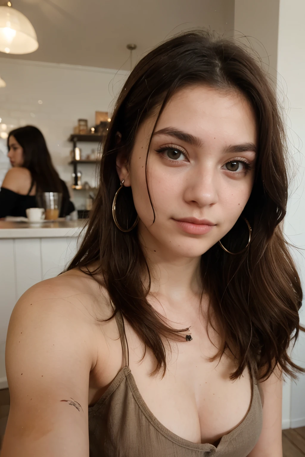 Photo of a 20 year old brunette who has a very natural face, thin lips, thin eyes, thin eyebrows, thin nose, earrings, long eyelashes. She's taking cute selfies in a cafe and looking at the camera full-face