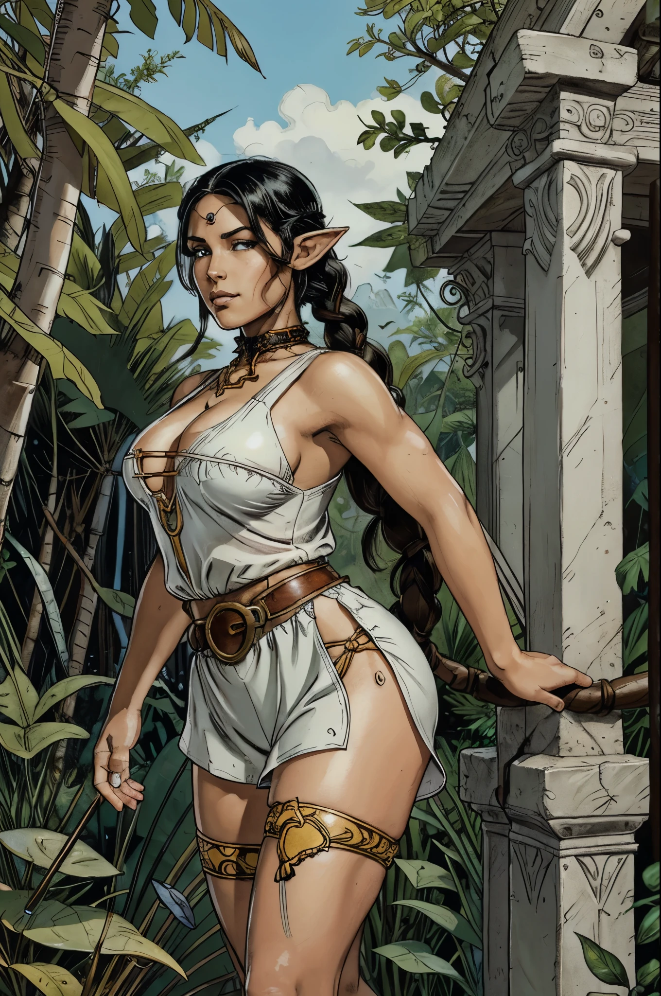 latina Elf girl. fantasy monk adventurer, brutal smirk face, plump lips, black hair long Butterfly braid hairstyle, hazel eyes, athletic figure, white priestess tunic, white loin shorts, sandals, detailed portrait, jungle temple, standing pose