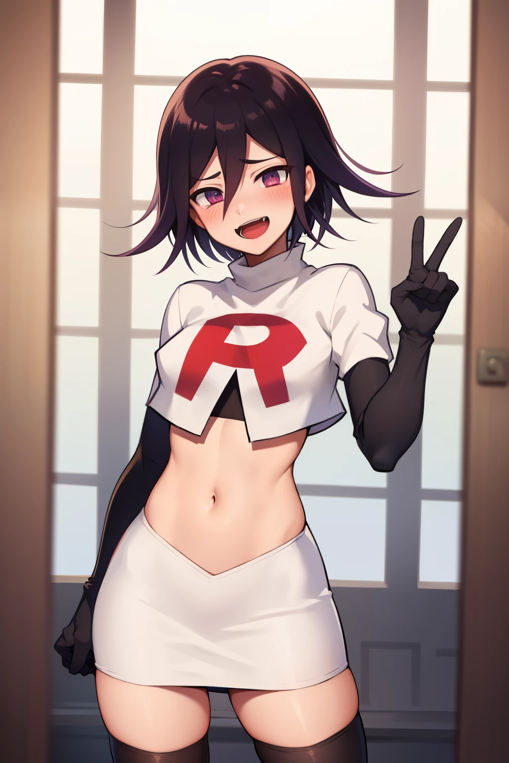 absurdres, cowboy shot, solo, male focus, trap, 1boy, crossdressing,1boy, oma kokichi, team rocket,team rocket uniform,white skirt,red letter R,crop top,black thigh-highs,black elbow gloves, evil laugh, blush