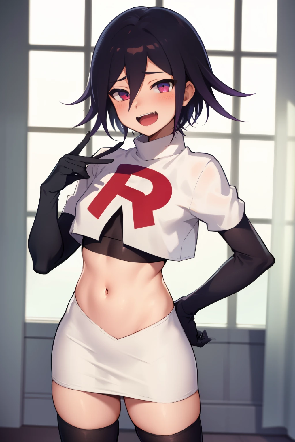 absurdres, cowboy shot, solo, male focus, trap, 1boy, crossdressing,1boy, oma kokichi, team rocket,team rocket uniform,white skirt,red letter R,crop top,black thigh-highs,black elbow gloves, evil laugh, blush