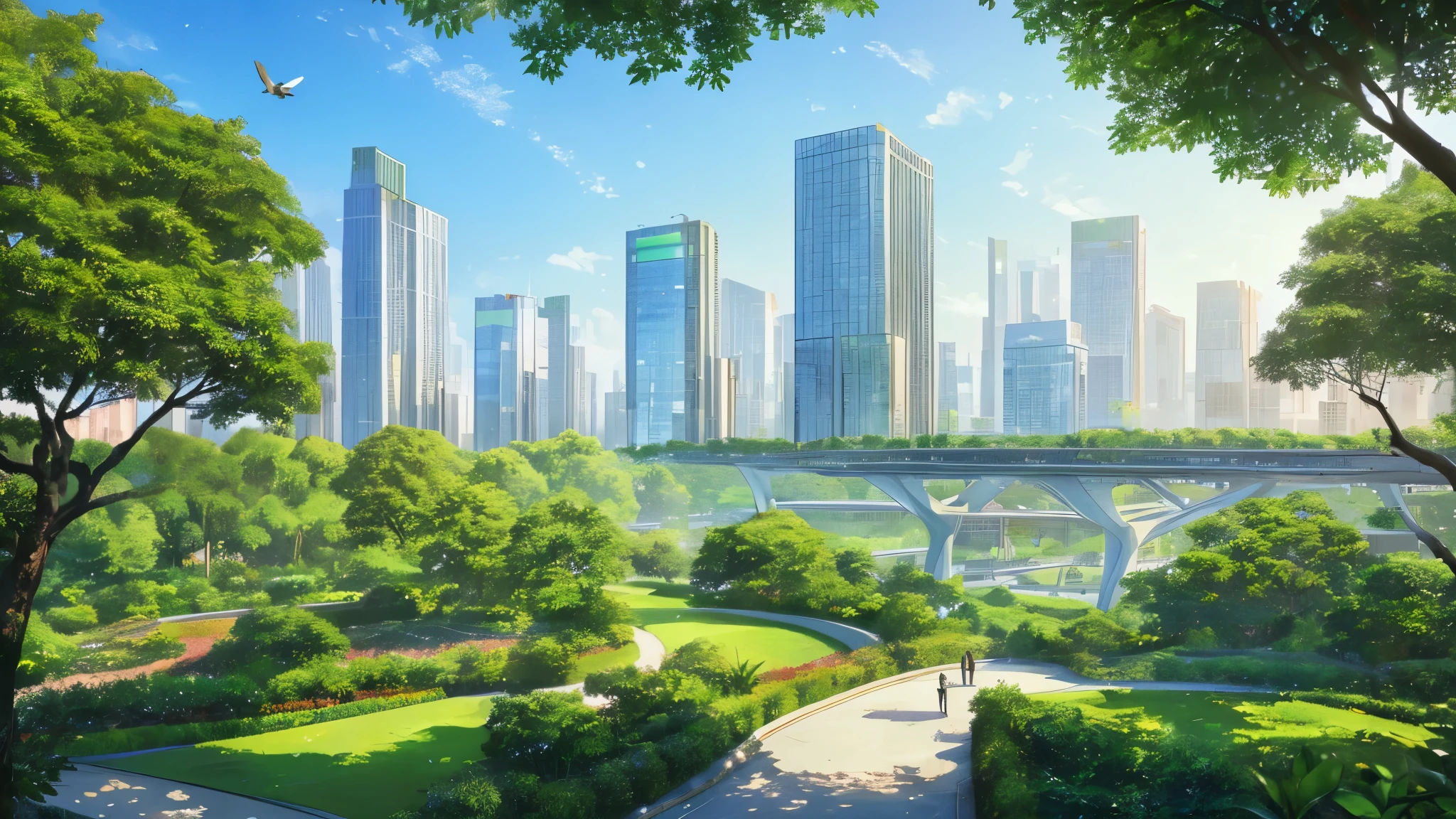 Masterpiece, top quality, 16K UHD,
green cityscape,
lush vegetation, gardens, trees,
sunlight filtering through leaves,
clear blue sky,
multi-story buildings, modern architecture,
people walking on streets wearing colorful clothes,
birds flying overhead,
sustainable energy sources, solar panels, wind turbines,
clean and vibrant, a stunning work of art --auto --s2

Or

Masterpiece, high resolution, 4K,
green metropolis,
eco-friendly city,
well-maintained parks,
trees lining the streets,
glass and steel buildings with modern designs,
