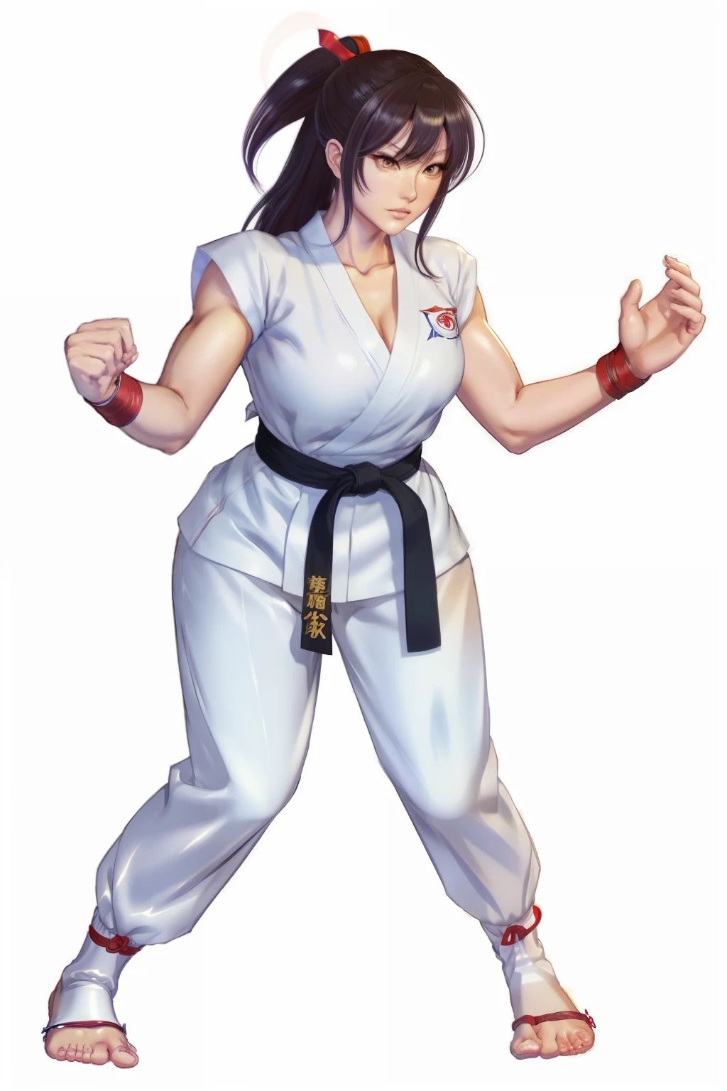 a cartoon of a woman in a karate outfit with a red ribbon, misato katsuragi, inspired by Kusumi Morikage, character from king of fighters, as a character in tekken, akiri toriyama, karate outfit, inspired by Tsubasa Nakai, toriyama akira, fighter pose, kasumi arimura style 3/4