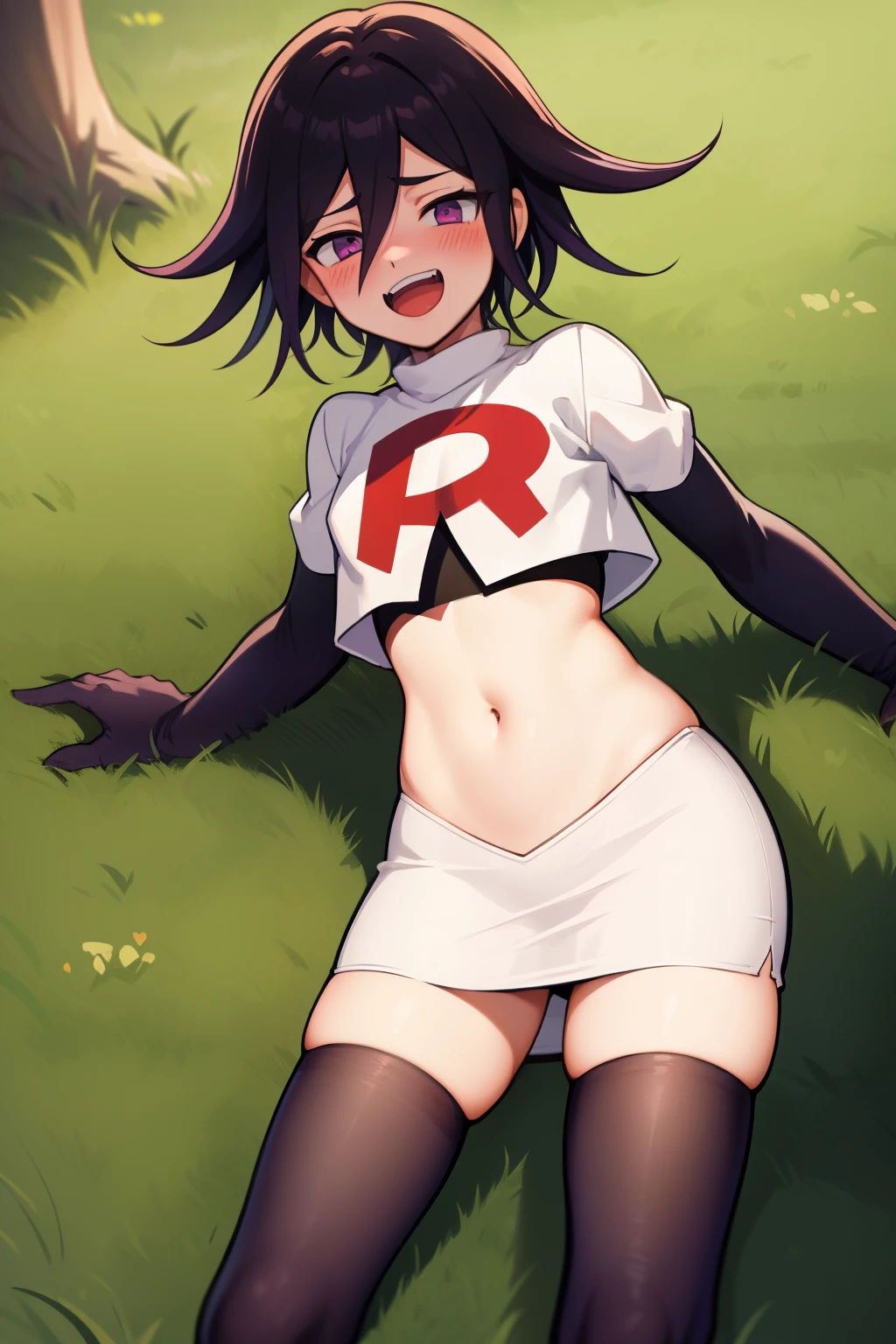 absurdres, cowboy shot, solo, male focus, trap, 1boy, crossdressing,1boy, oma kokichi, team rocket,team rocket uniform,white skirt,red letter R,crop top,black thigh-highs,black elbow gloves, evil laugh, blush