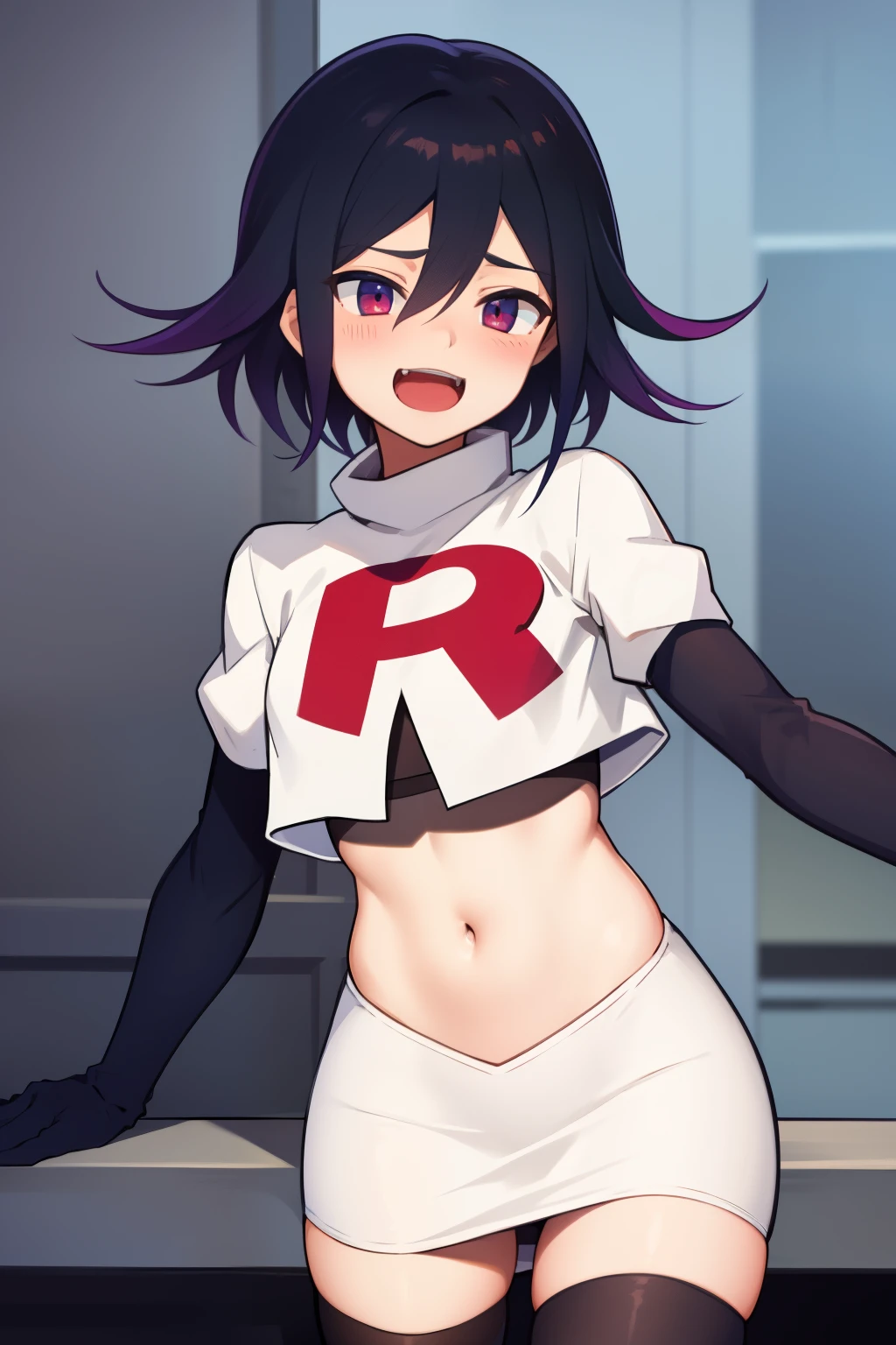 absurdres, cowboy shot, solo, male focus, trap, 1boy, crossdressing,1boy, oma kokichi, team rocket,team rocket uniform,white skirt,red letter R,crop top,black thigh-highs,black elbow gloves, evil laugh, blush