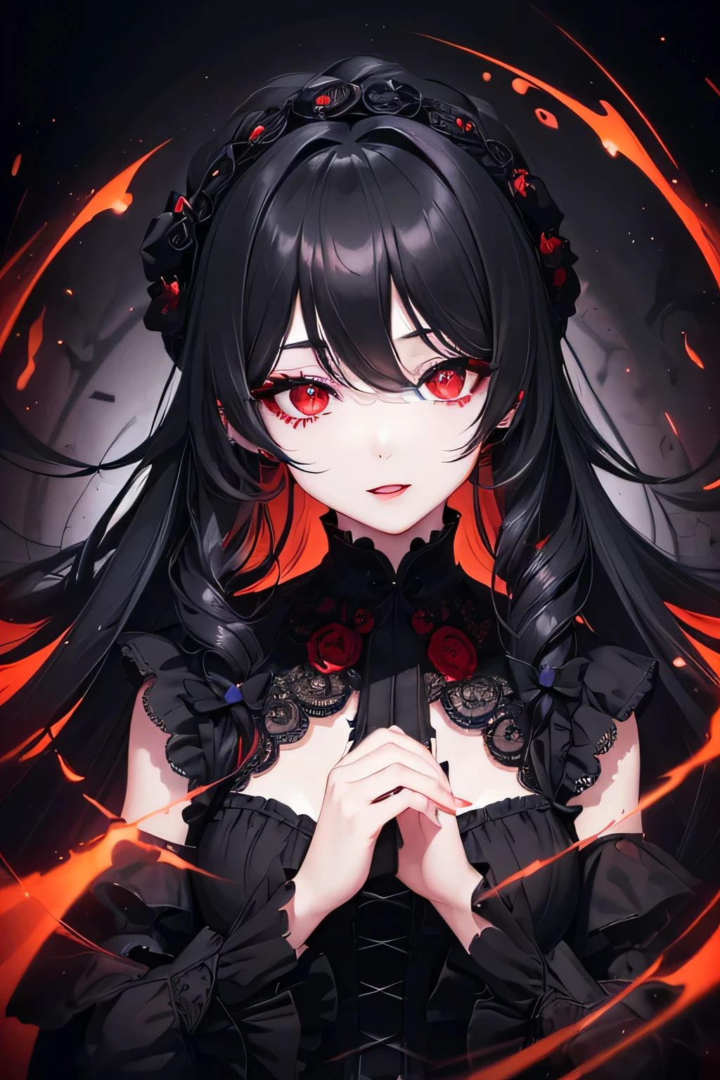 1 girl,Depp's Sense,confused,catch light,Super beautiful illustration,swirling vortexes,((black color,long hairstyles:1.3)),dark dark eyeshadow,bright red lipstick,Gothic Lolita,;d,beautiful and delicate hair,(((delicate and detailed red eyes))),light blue light effect,Aura of water