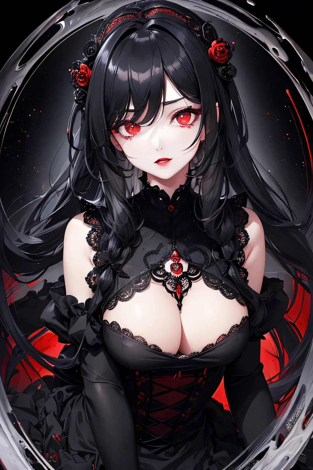 1 girl,Depp's Sense,confused,catch light,Super beautiful illustration,swirling vortexes,((black color,long hairstyles:1.3)),dark dark eyeshadow,bright red lipstick,Gothic ta,;d,beautiful and delicate hair,(((delicate and detailed red eyes))),light blue light effect,Aura of water