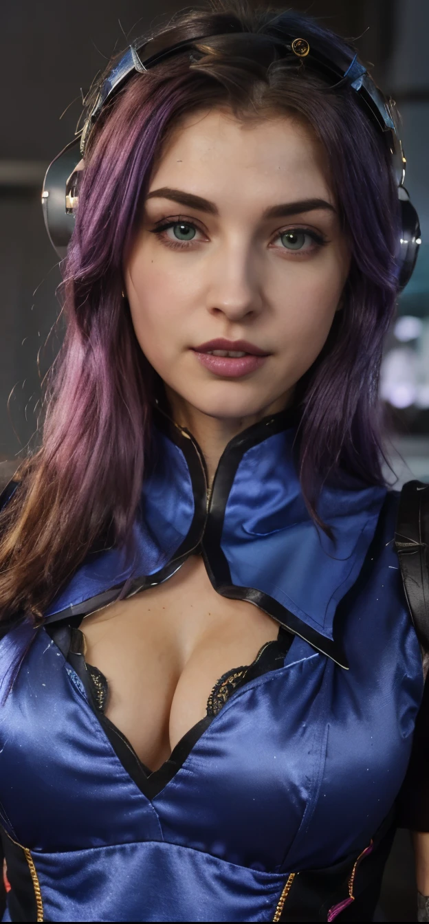 a close up of a woman with blue hair and a purple top, hyperdetailed fantasy character, a wide angle portrait of a model dressed in cosplay as Caitlyn Kiramman from Arcane League of Legends, sexy young woman, realistic , beautiful succubus, grey eyes, ((derevschikova:1.5)), beautiful alluring , perfect nose, ultra beautiful, with her long, perfect beautiful, realistic , epic beautiful, 8k, fuji xt3,