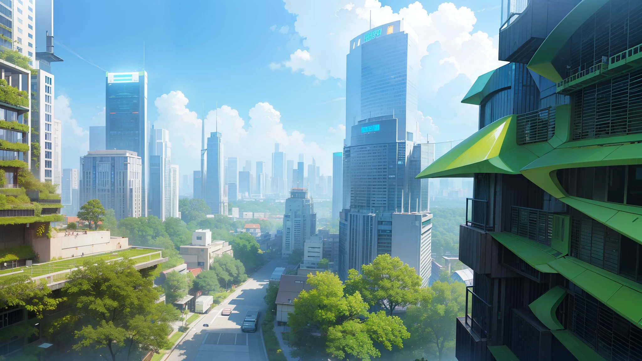 In the heart of a futuristic green city, the vibrant hues of lush greenery and advanced architectural structures converge in a breathtaking tableau. Building facades, adorned with luscious vegetation and sculpted in sleek lines, soar towards the sky. The streets bustle with the hum of advanced technology, intermingling with the gentle rustling of leaves. Solar panels and wind turbines dot the rooftops, generating clean energy for this eco-conscious urban wonderland.
Pedestrians, clad in futuristic attire, glide effortlessly along neon-lit pathways. The city's inhabitants move about their daily lives