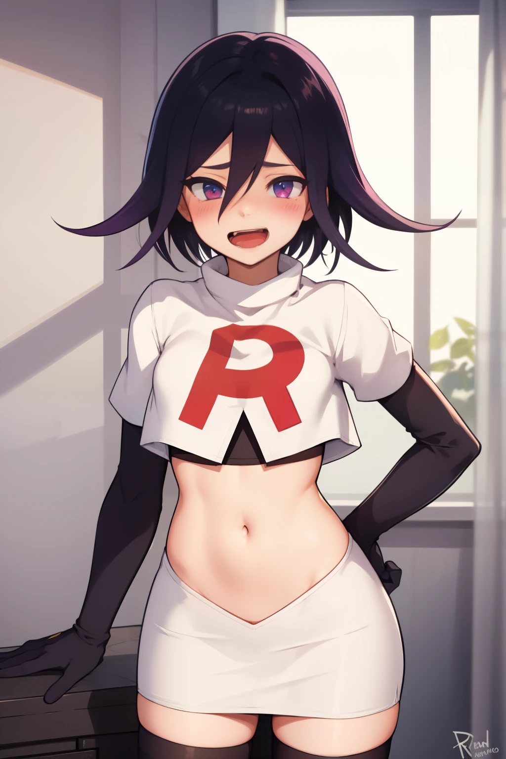 absurdres, cowboy shot, solo, male focus, trap, 1boy, crossdressing,1boy, oma kokichi, team rocket,team rocket uniform,white skirt,red letter R,crop top,black thigh-highs,black elbow gloves, evil laugh, blush