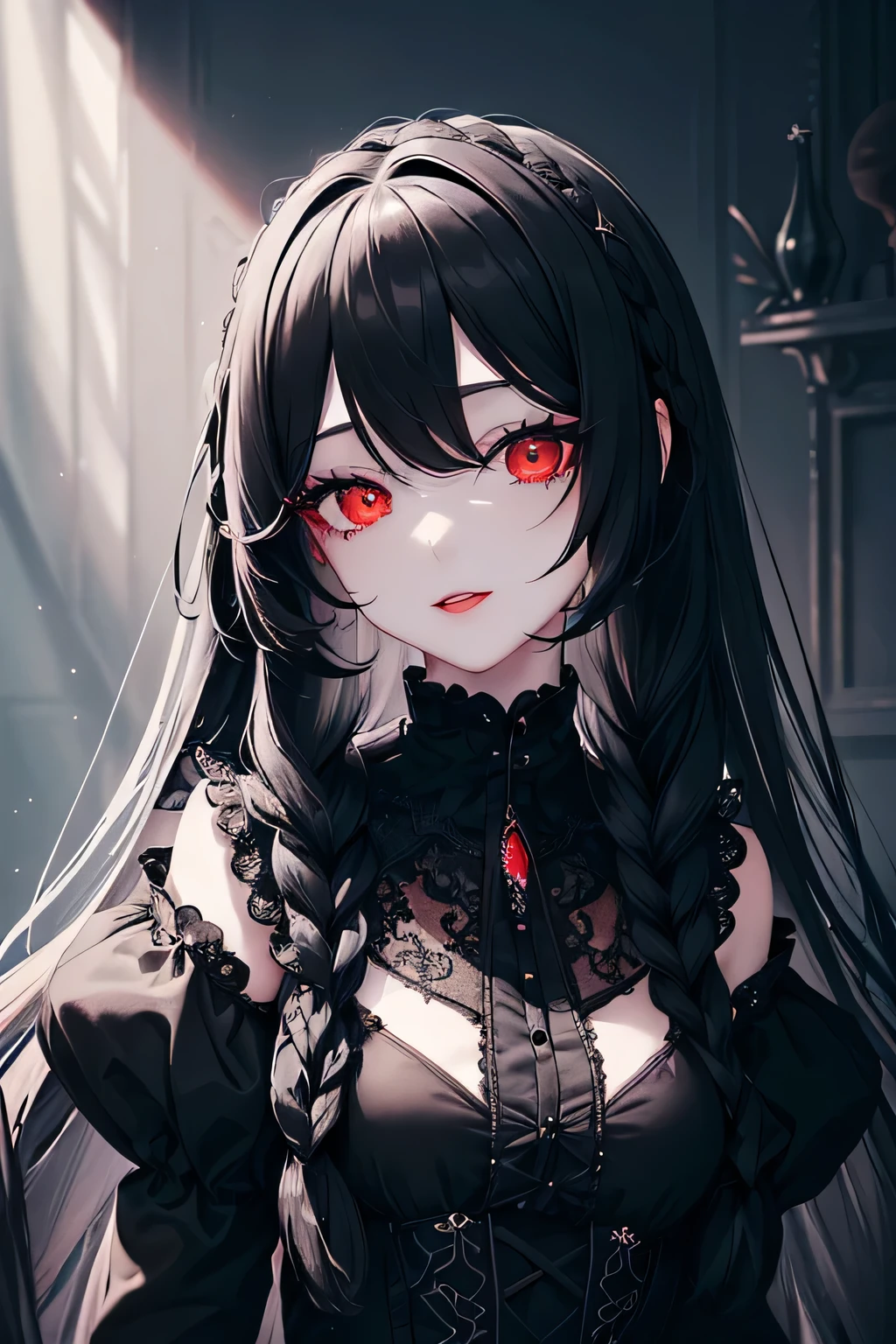 1 girl,Depp's Sense,confused,catch light,Super beautiful illustration,healing water,((black color,long hairstyles:1.3)),dark dark eyeshadow,bright red lipstick,Gothic ta,;d,beautiful and delicate hair,(((delicate and detailed red eyes))),light blue light effect,Aura of water