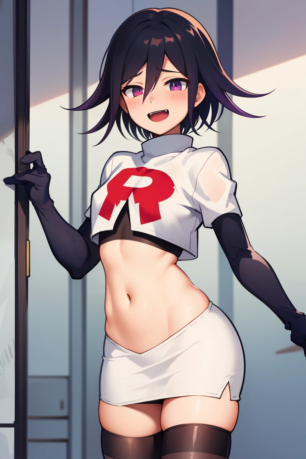 absurdres, cowboy shot, solo, male focus, trap, 1boy, crossdressing,1boy, oma kokichi, team rocket,team rocket uniform,white skirt,red letter R,crop top,black thigh-highs,black elbow gloves, evil laugh, blush