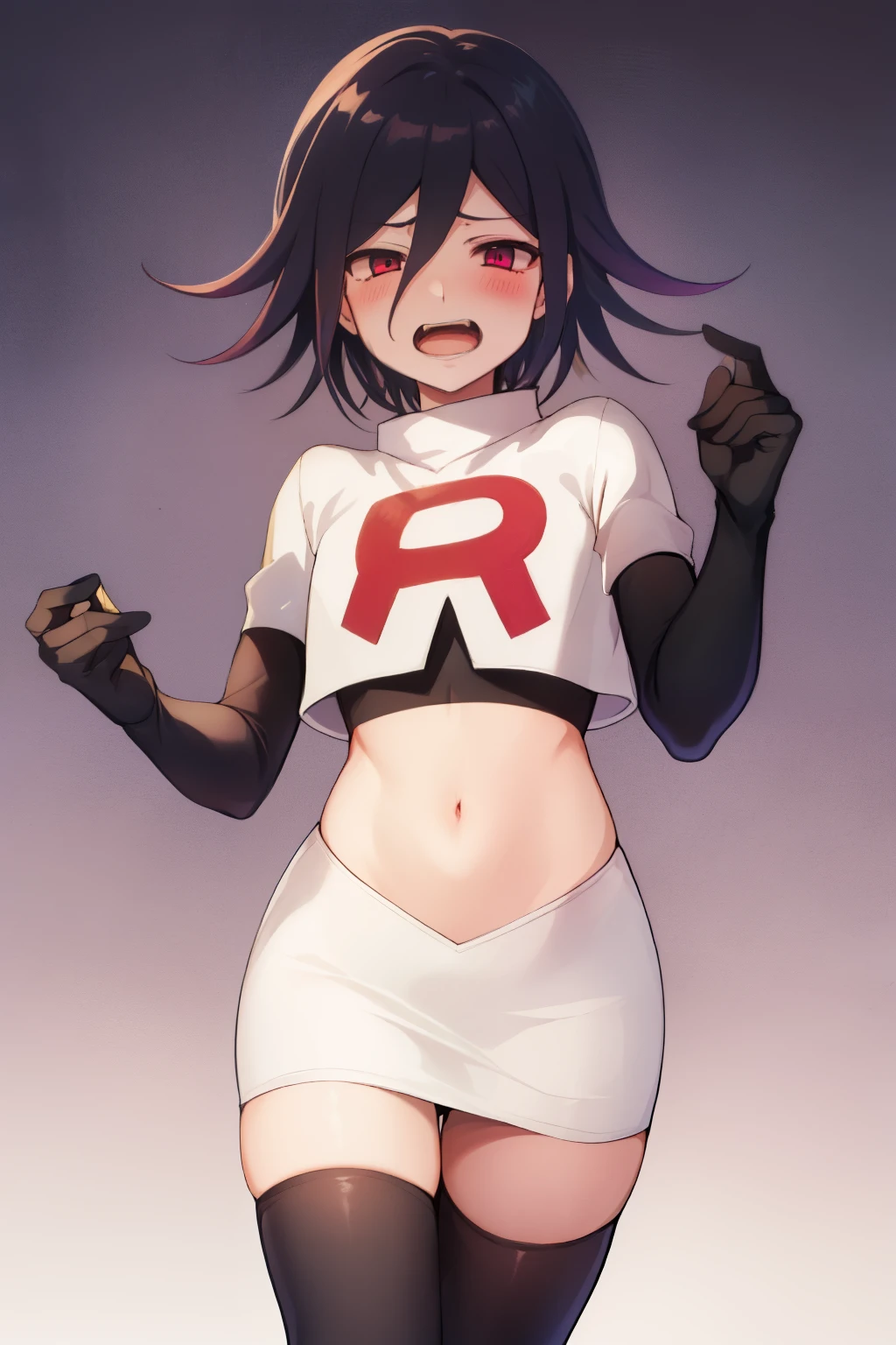 absurdres, cowboy shot, solo, male focus, , 1boy, crossdressing,1boy, oma kokichi, team rocket,team rocket uniform,white skirt,red letter R,crop top,black thigh-highs,black elbow gloves, evil laugh, blush