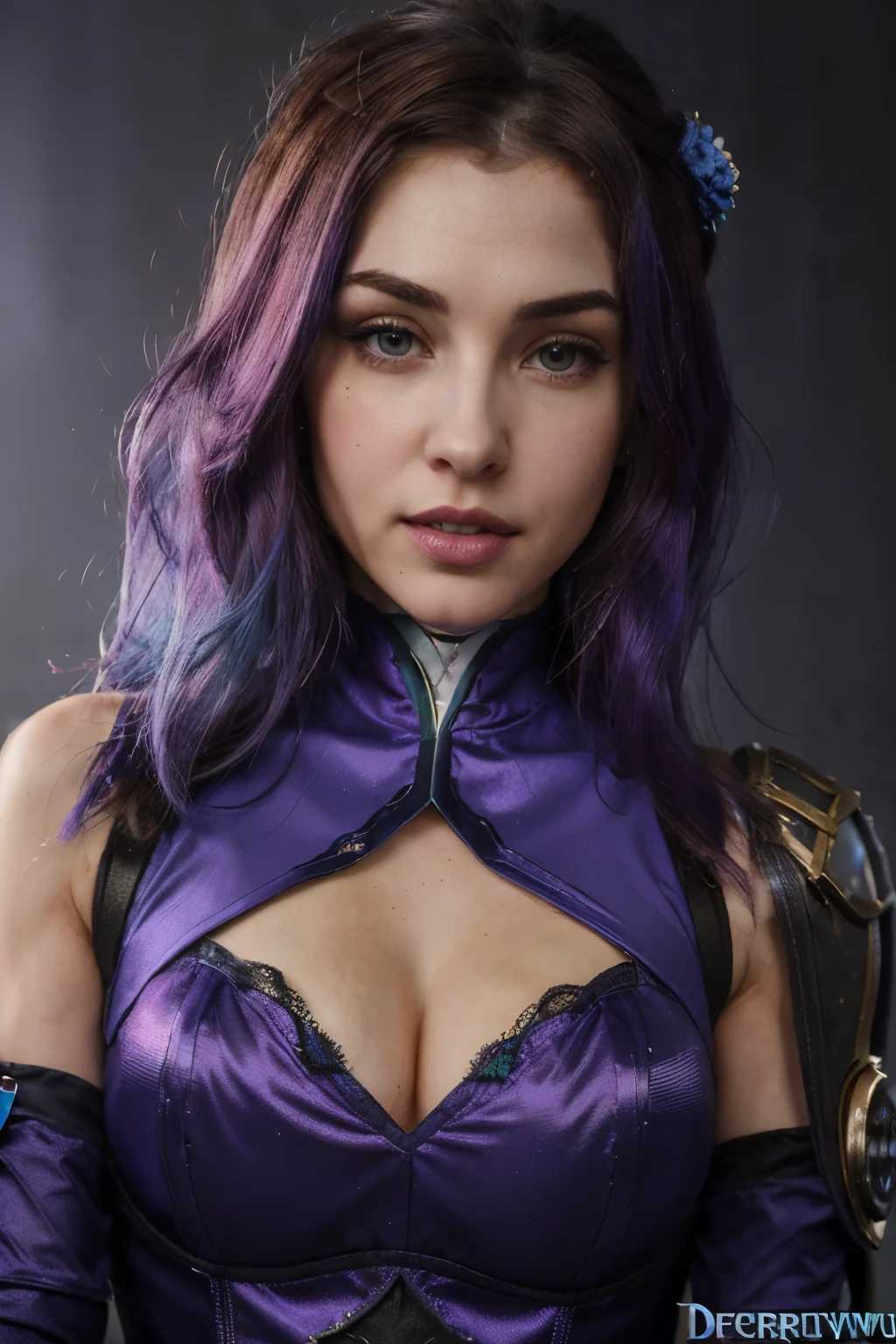 a close up of a woman with blue hair and a purple top, hyperdetailed fantasy character, a wide angle portrait of a model dressed in cosplay as Caitlyn Kiramman from Arcane League of Legends, sexy young woman, realistic , beautiful succubus, grey eyes, ((derevschikova:1.5)), beautiful alluring , perfect nose, ultra beautiful, with her long, perfect beautiful, realistic , epic beautiful, 8k, fuji xt3,