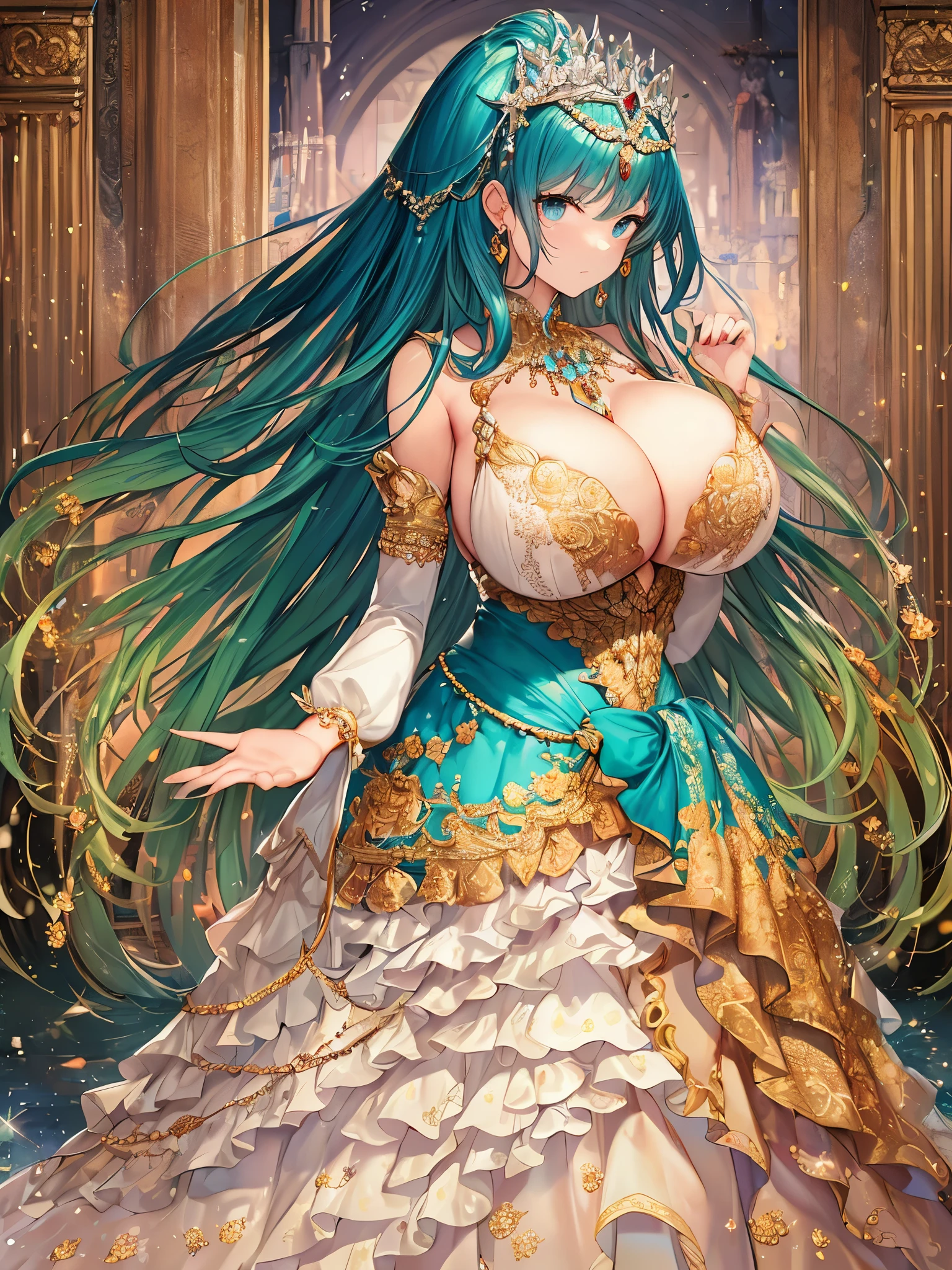 anime artstyle,Masterpiece,Best Quality,Super Detail,((Very Delicate and Beautiful)),(((1 plump princess in beautiful embroidery and jeweled gorgeous rococo ballgown with voluminous hoop skirt))),A skirt with a long hem that drags on the floor((Solo)),Standing,elegant pose,((full body)),(((very gigantic breasts,very gigantic breasts,sagging breasts,skindentation))),cleavage,detailed face and eyes,jewel-like eyes,((extremely voluminous straight Hair,Extremely Long Straight Hair)),((gorgeousfull embroidery and lace,beautiful embroidery and jeweled)),Gorgeous Gemstone Jewelry,gorgeous corsage,gorgeous hair ornament,((glitter jeweled gorgeous tiara)),((full body)),((beautiful embroidery and jeweled gorgeous rococo ballgown with voluminous hoop skirt)),A skirt with a long hem that drags on the floor,(crinoline),((Standing in palace of versailles)),Looking at viewer,(((beautiful embroidery and jeweled gorgeous rococo ballgown with voluminous hoop skirt))),full body,