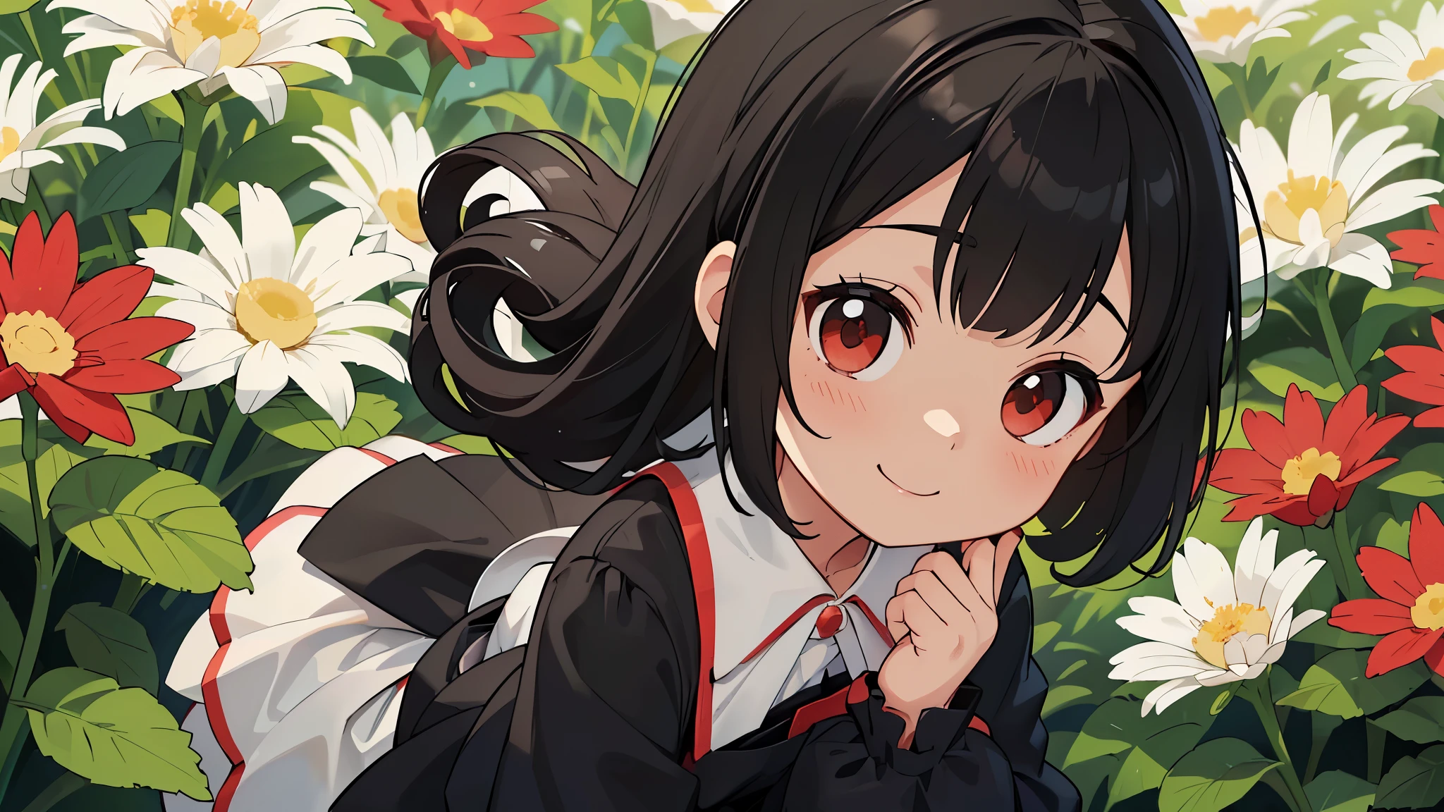 Photoreal、((Use white, black, and red))、doll、((dollの柔らかさを強調))、smile、In a cute pose、look up、look up、put your hands out in front of you、There are flowers in the front too...、wear cute shoes、season!!: summer ☀ 🍂
