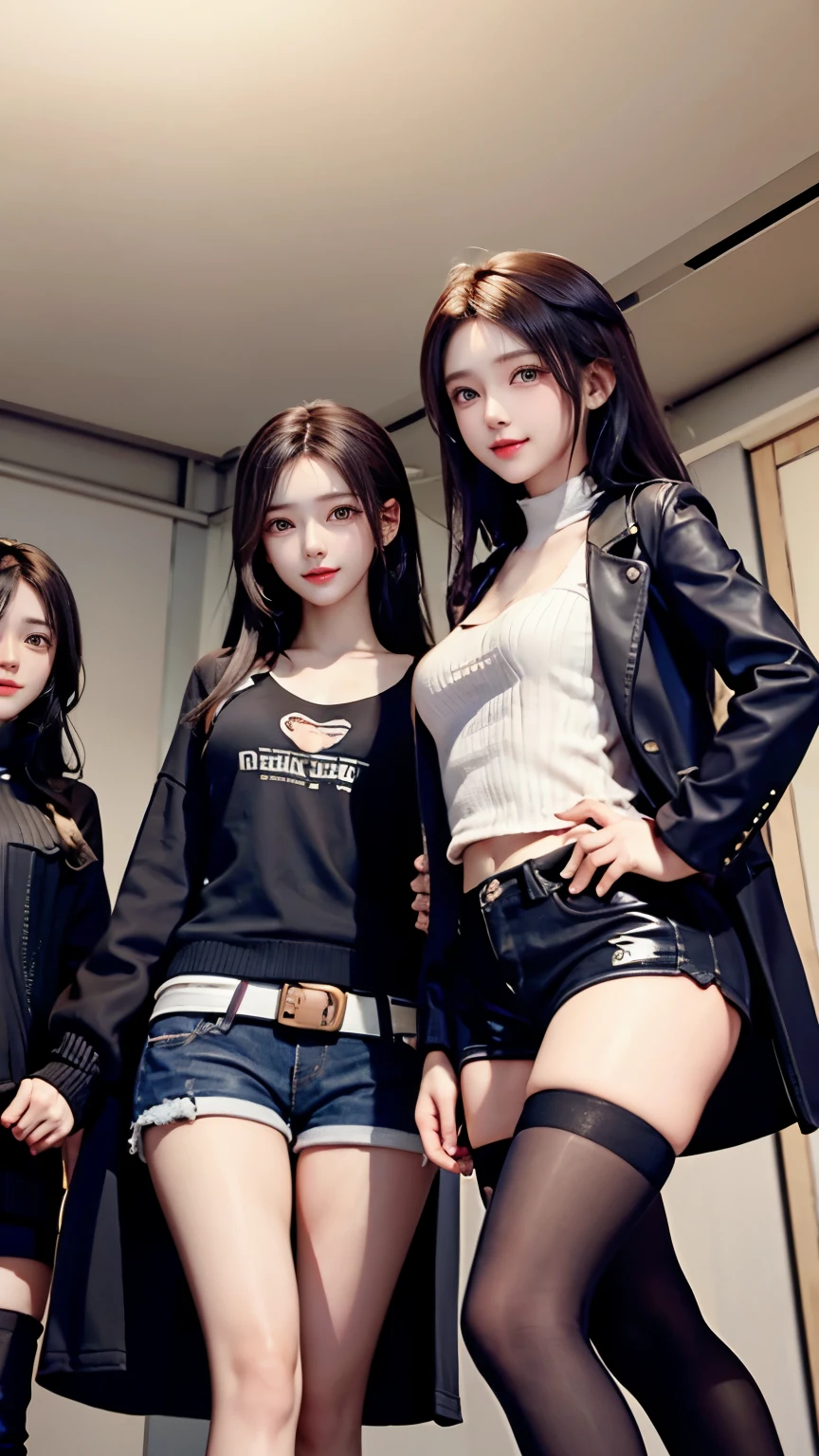Carrot、Supermodel、Perfect build、Muchimuchi、Three girls are looking at the viewer、 3 girls、、Thighhighs、beautiful feet、hot pants、coat、cyber punk、headphone、gentle smile、Seen by girls from below、Innocent face