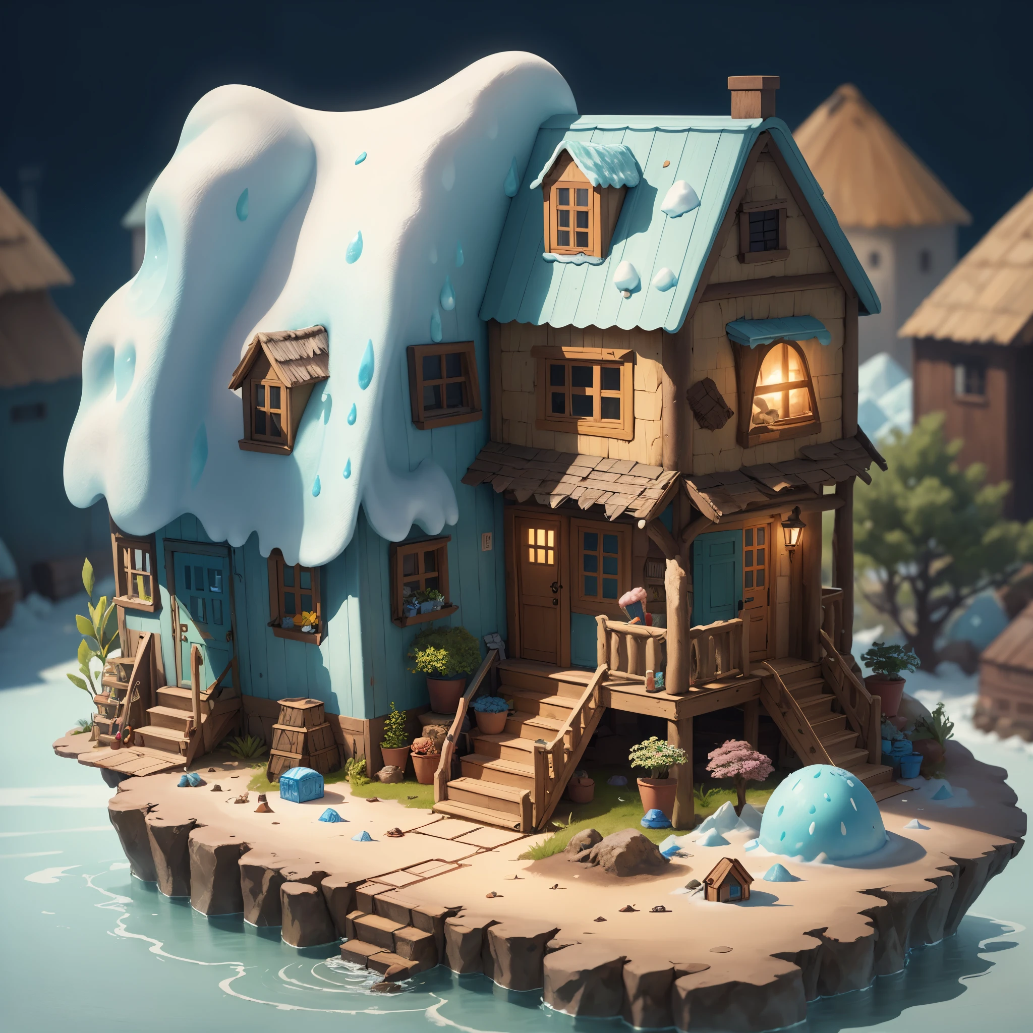 Fantasy hut, ice cream hut, main body is ice cream, ice cream with windows, doors, stairs, small yard, creative, cartoon style, colorful cubes, ice cubes, cold air, --v 6