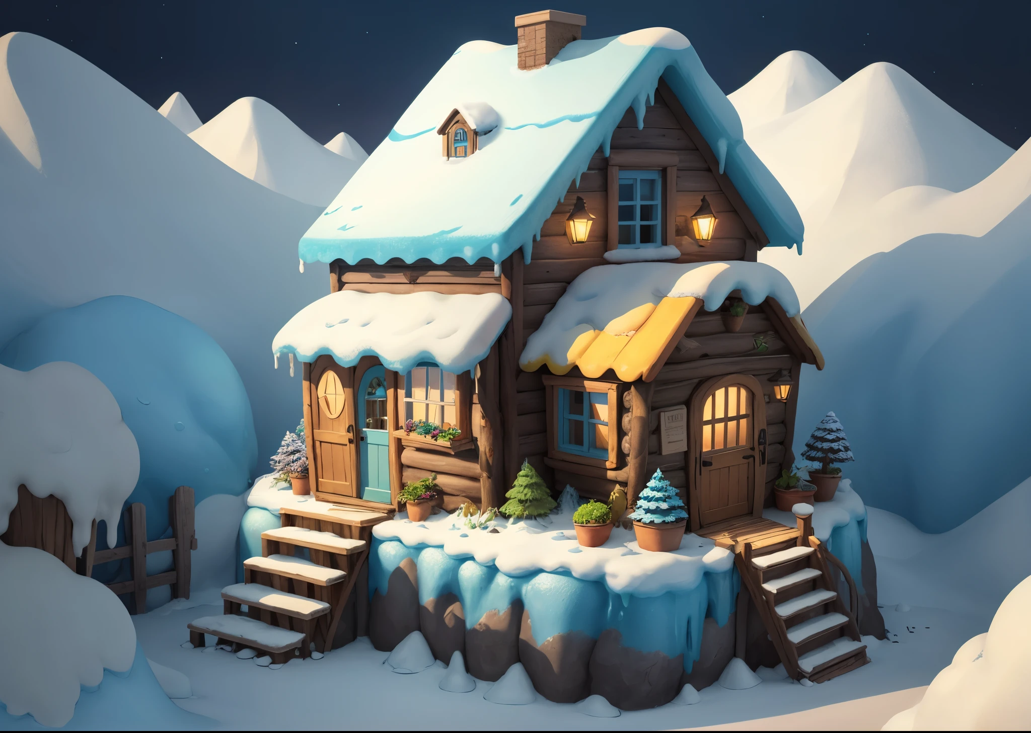 Fantasy hut, ice cream hut, main body is ice cream, ice cream with windows, doors, stairs, small yard, creative, cartoon style, colorful cubes, ice cubes, cold air, --v 6