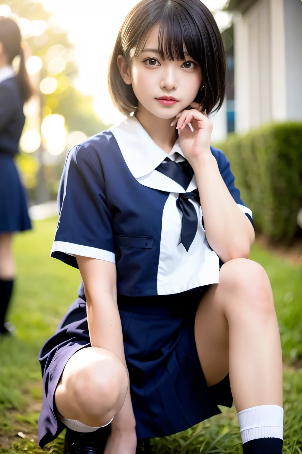 arafed asian woman in a school uniform sitting on the ground, cute , surreal , Photo of high school girl posing, japanese school uniform, , japanese girl uniform, surreal , Young and cute gravure idol, seifuku, Real young gravure idol, japanese school uniformを着て, beautiful anime high school girl