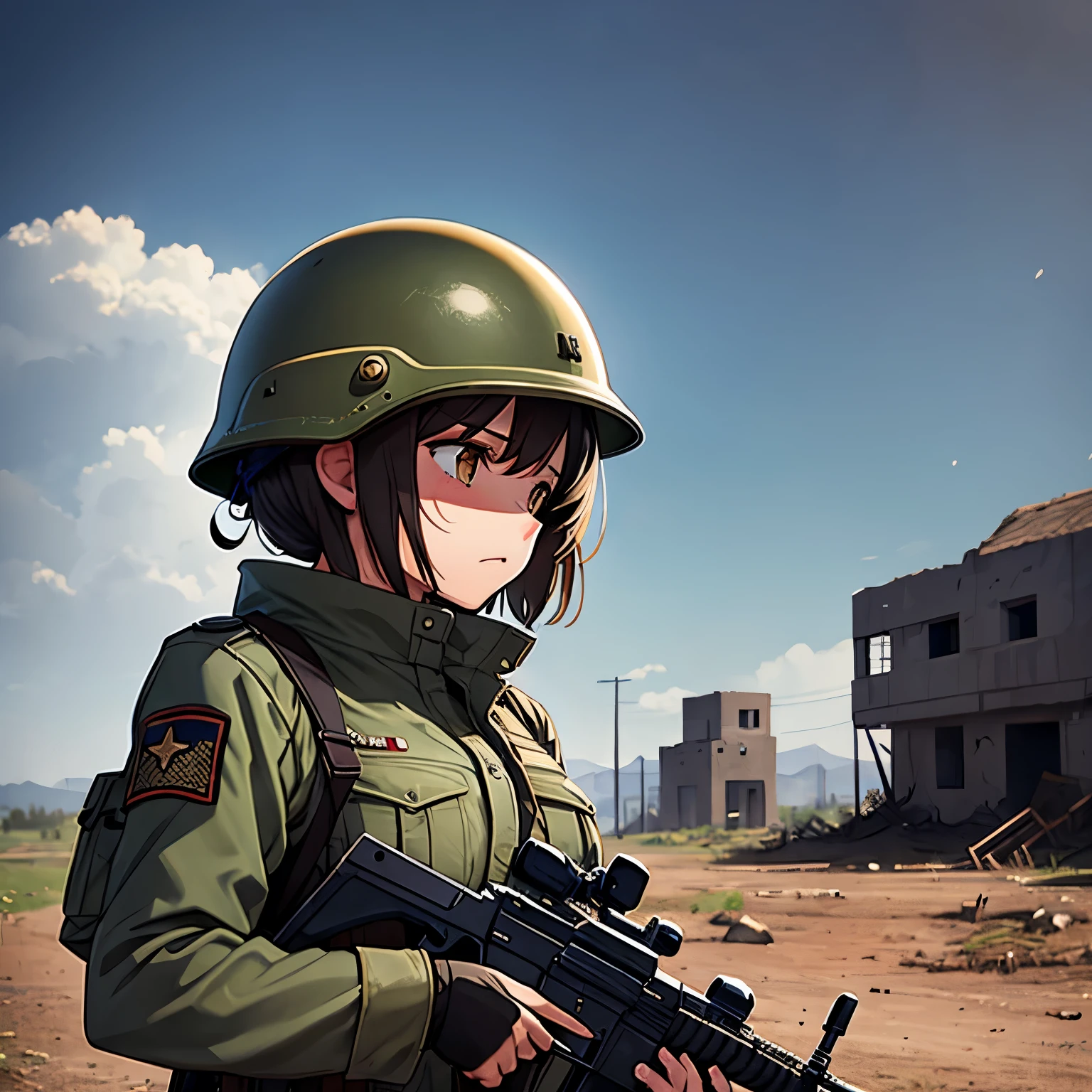 Girls in military uniforms, helmets on, guns at the ready, devastated towns, dim skies, anger, looking down.