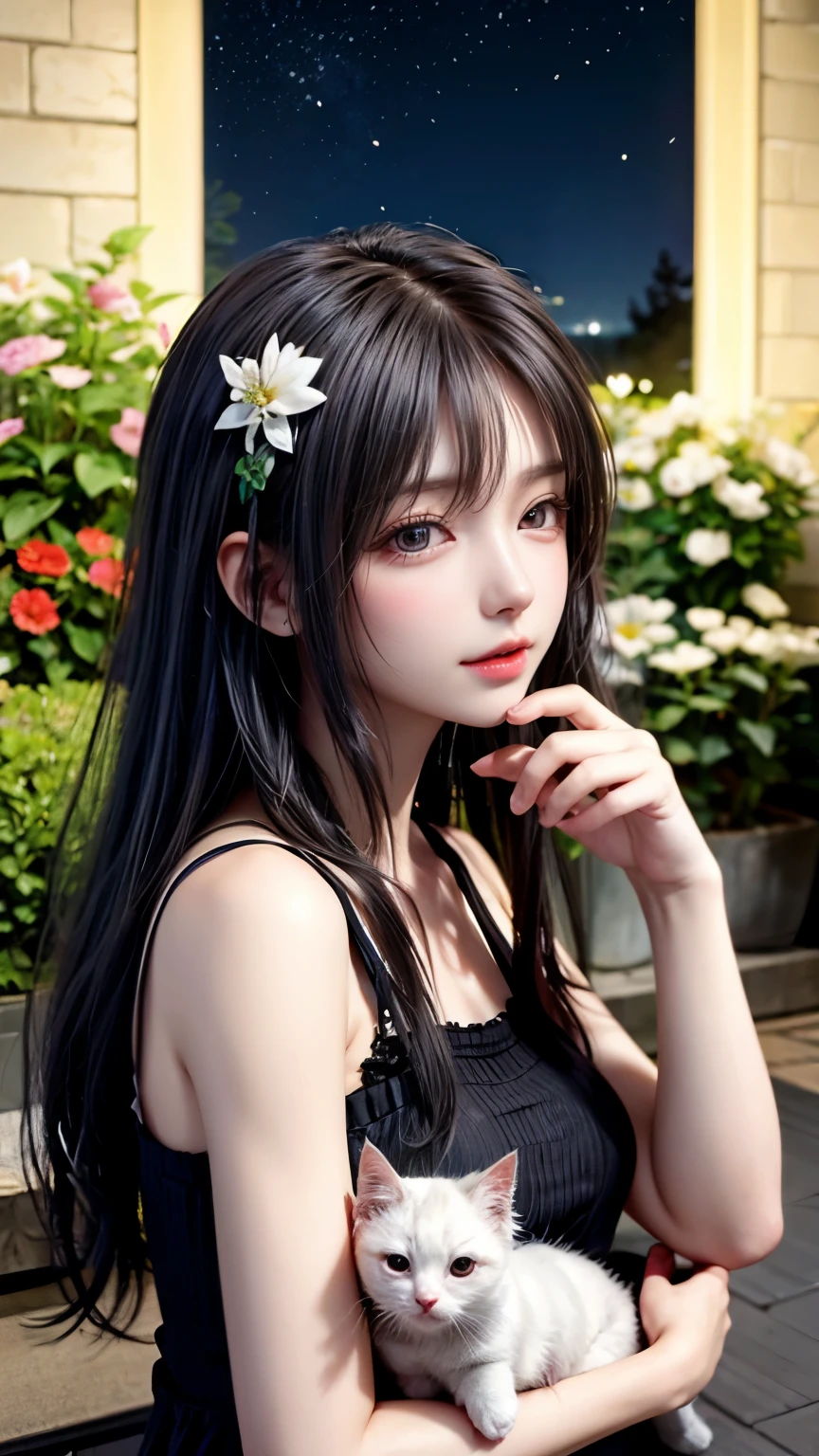 and fluffy white kitten, flowers, sleep, long black hair, night, starry sky