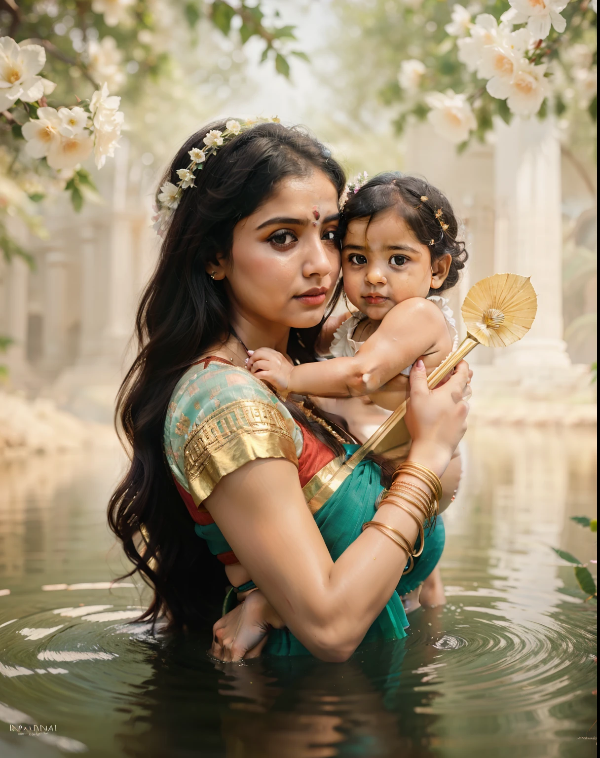 there is a woman holding a baby in a body of water, maternal photography 4 k, adorable digital painting, mother, inspired by Raja Ravi Varma, digital painting photoshop, matte painting portrait shot, 3 d goddess portrait, portrait shot, greek myth digital painting, fanart, digital fantasy portrait, gorgeous digital painting, high quality portrait, indian goddess, hindu aesthetic