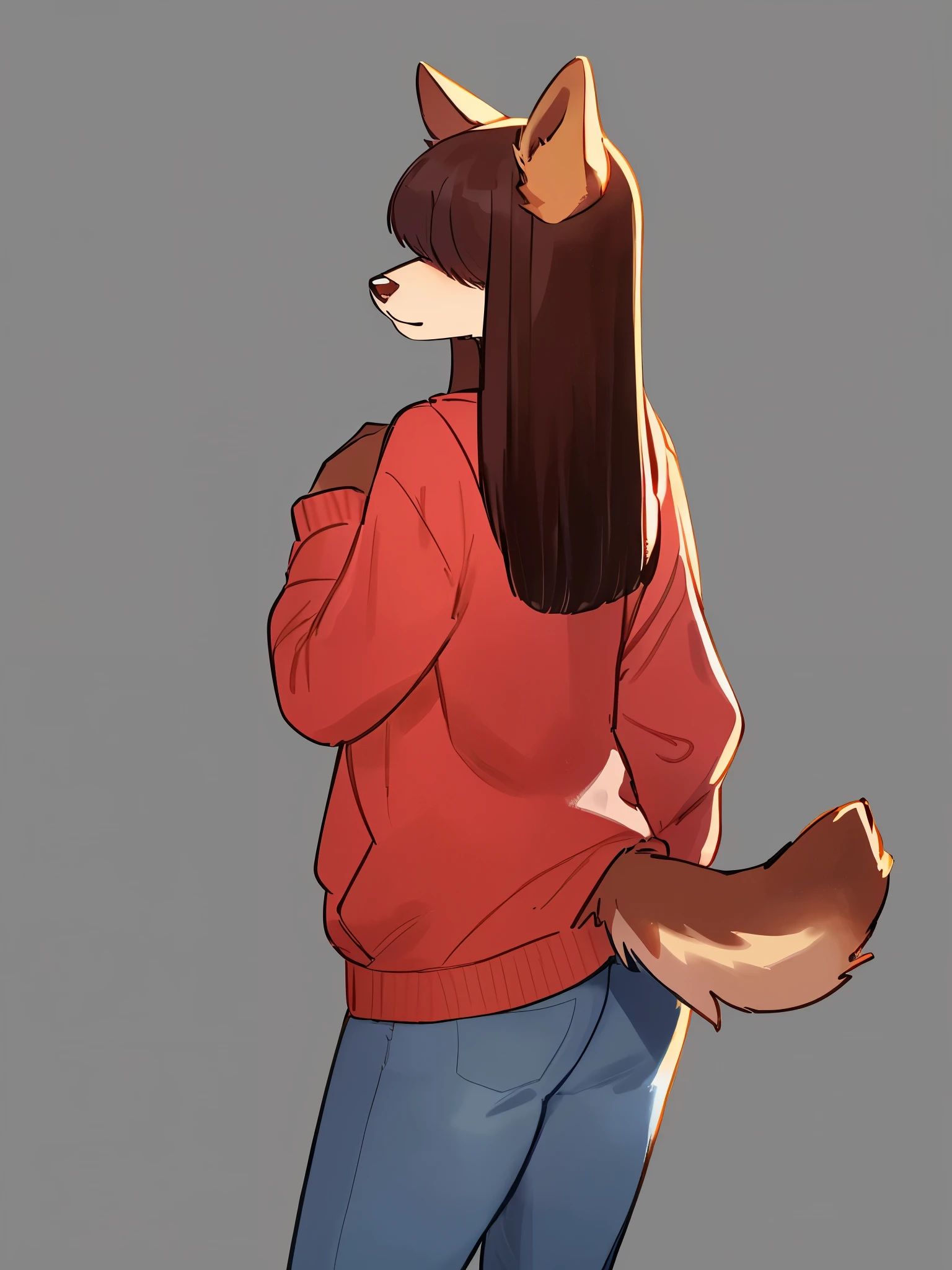 By bebebebebe, by lostgoose, by goonie-san, female, ((canine, snout, hair covering eyes, straight hair, medium hair, flat hair, ears, thin snout)), brown fur, big poofy tail, raised tail, dark maroon hair, solo, blue skinny jeans, band hoodie, standing