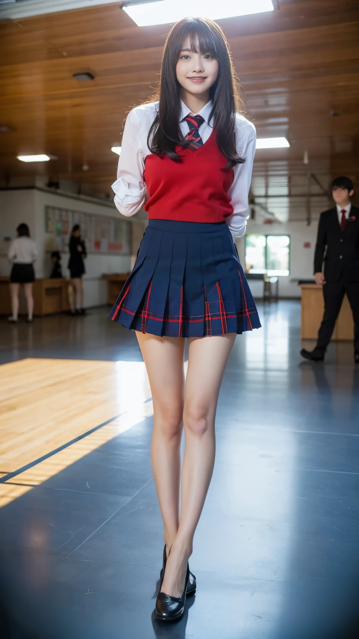 Stand in the classroom of school２girl girl,Red Tie Uniform,Dark Blue Closed Blazer,blue plaid miniskirt,18-year-old,bangs,a little smile,thighs,knees,from below，random pose，pretty girl，slender girl，