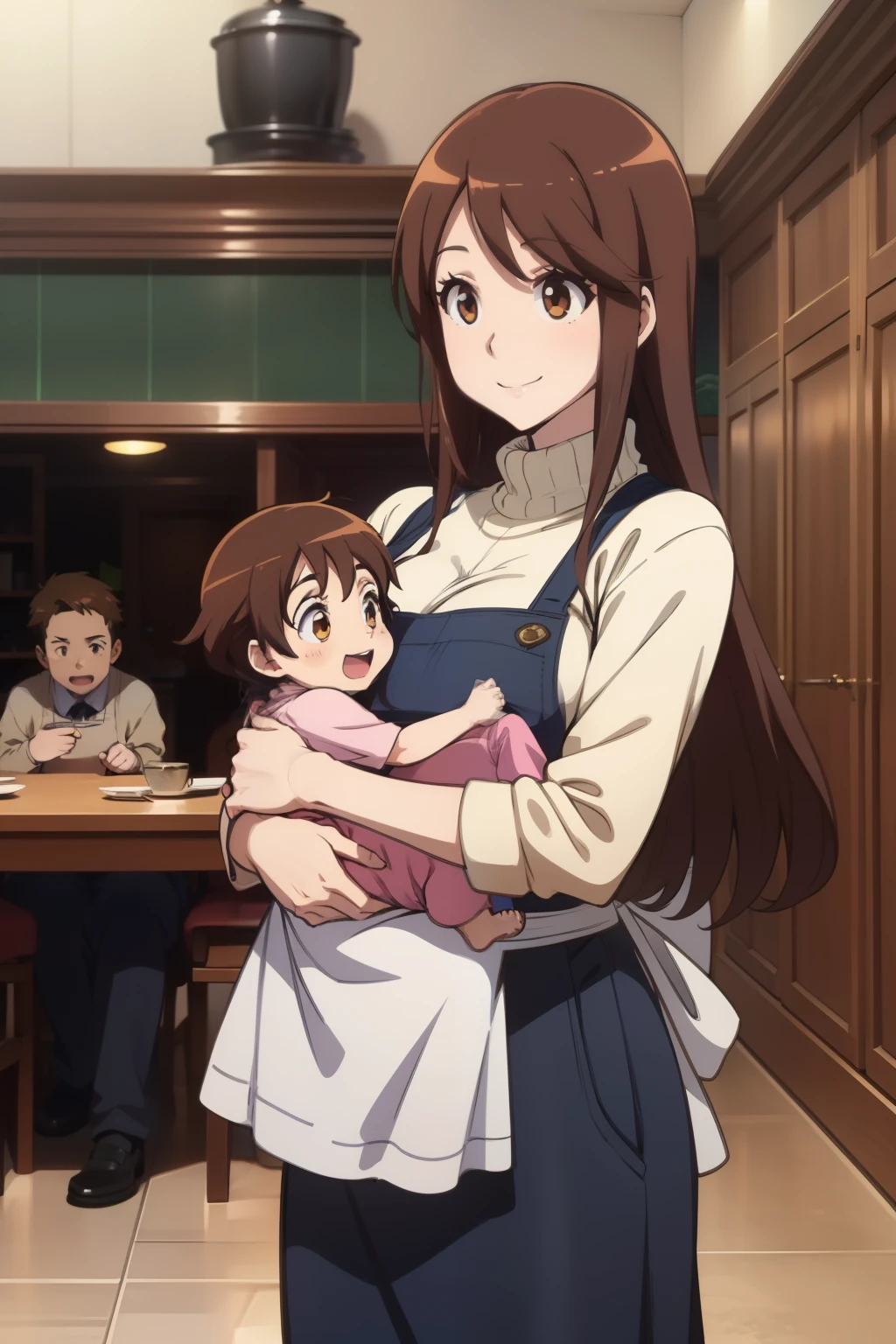 anime colored,iida nana rw,brown eyes, brown hair, long hair,sweater,apron,gigantic breasts,(Holding a kids:1.5),Smile,((house wife)),kids