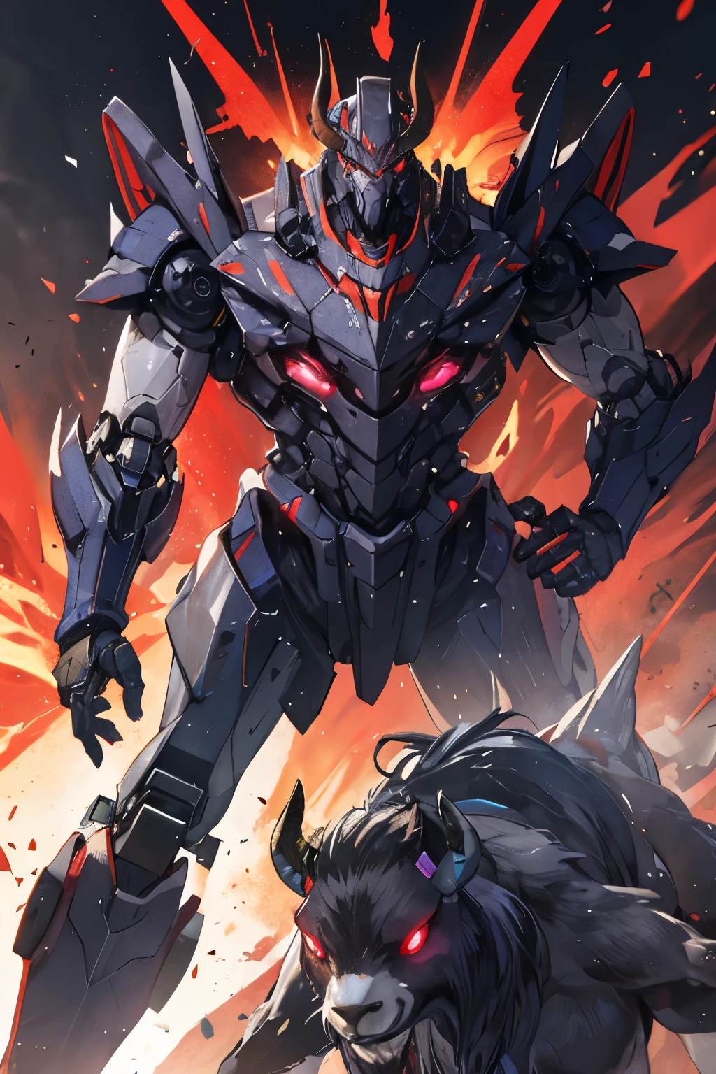 Ark survival evolved TEK bison mascot
Buff.
Flexing on his enemies.

Robot, mech like.
Red, black, grey.
Has robot body parts.
Bison animal person mech