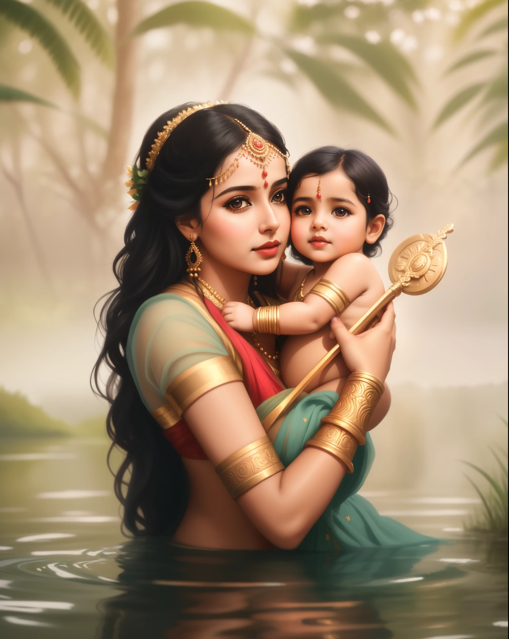 there is a woman holding a in a body of water, maternal photography 4 k, adorable digital painting, mother, inspired by Raja Ravi Varma, digital painting photoshop, matte painting portrait shot, 3 d goddess portrait, portrait shot, greek myth digital painting, fanart, digital fantasy portrait, gorgeous digital painting, high quality portrait, indian goddess, hindu aesthetic