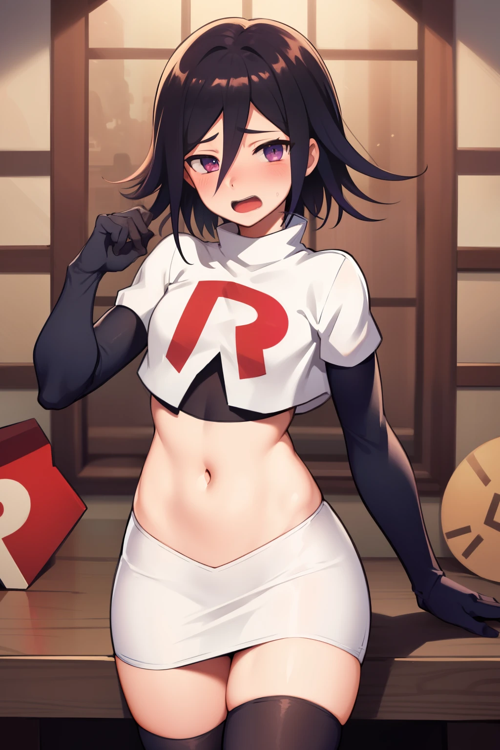 absurdres, cowboy shot, solo, male focus, trap, 1boy, crossdressing,1boy, oma kokichi, team rocket,team rocket uniform,white skirt,red letter R,crop top,black thigh-highs,black elbow gloves, embarrassed, blush