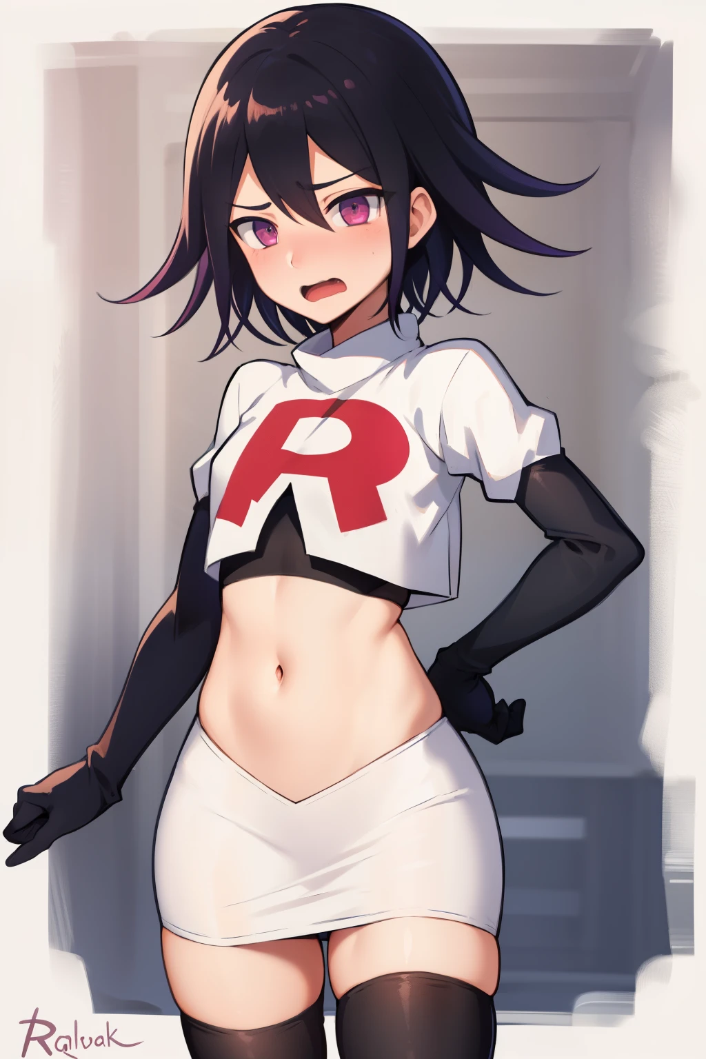 absurdres, cowboy shot, solo, male focus, trap, 1boy, crossdressing,1boy, oma kokichi, team rocket,team rocket uniform,white skirt,red letter R,crop top,black thigh-highs,black elbow gloves, embarrassed, blush