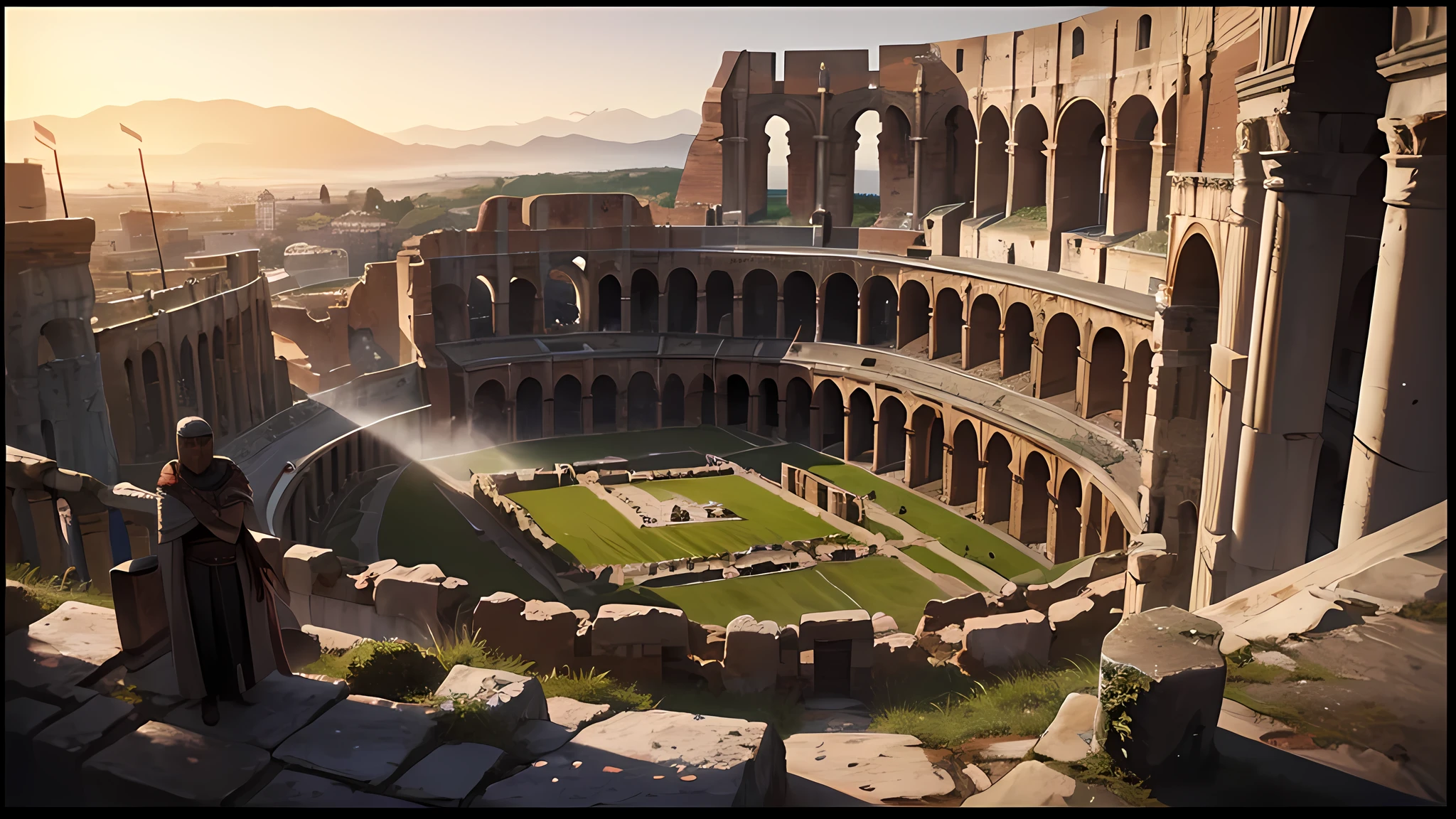 landscape, thecolosseum at dawn, group of roman army, gladiator, epic, fog, stone, ornament, ornate, details, dim light, mountain,  advntr   